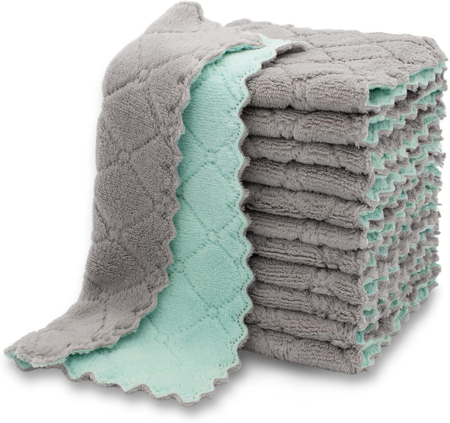 12 Pack Kitchen Cloth Dish Towels, Premium Dishcloths, Super Absorbent Coral Velvet Dishtowels, Nonstick Oil Washable Fast Drying (Green-Grey) - Image 1