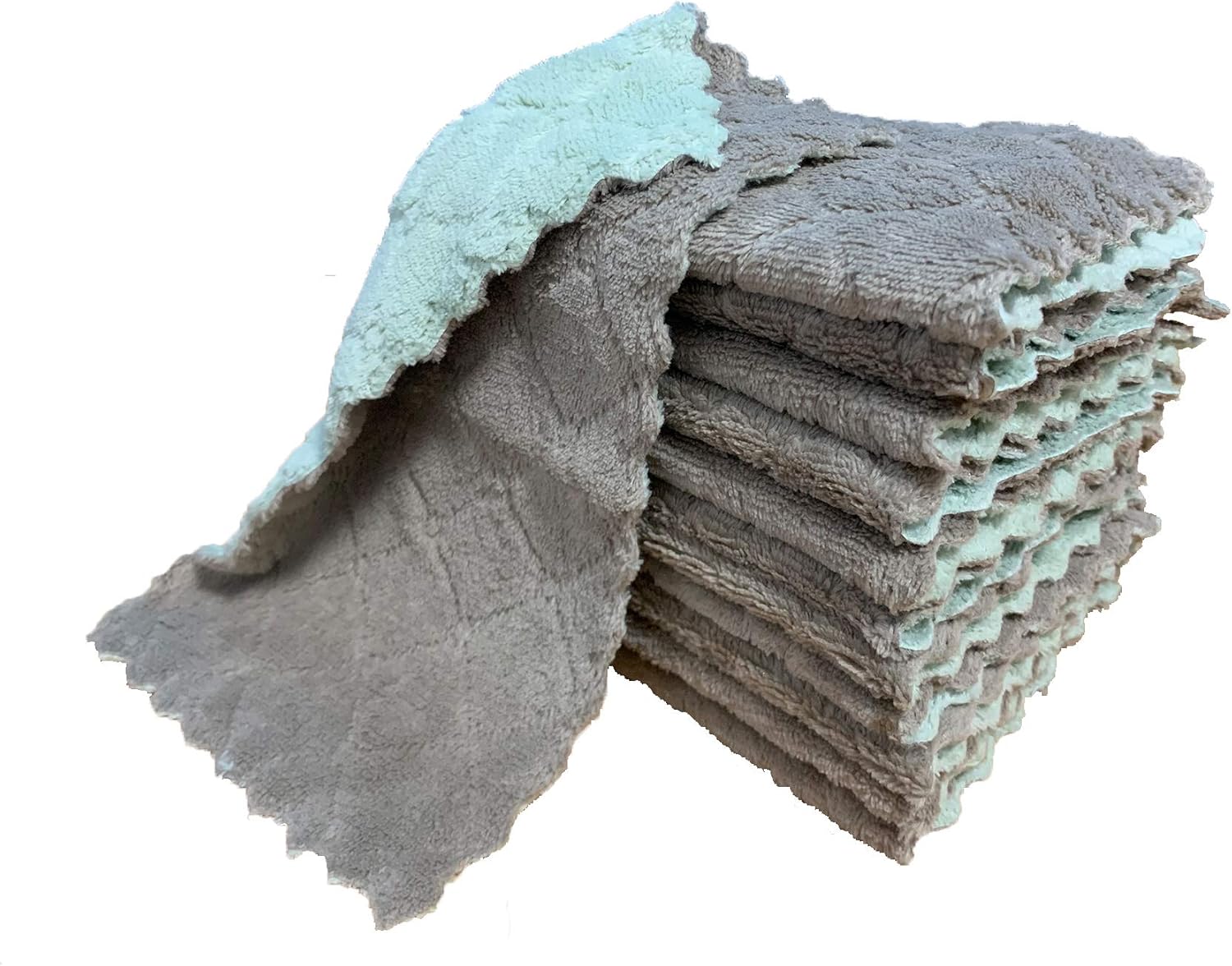 12 Pack Kitchen Cloth Dish Towels, Premium Dishcloths, Super Absorbent Coral Velvet Dishtowels, Nonstick Oil Washable Fast Drying (Green-Grey) - Image 8