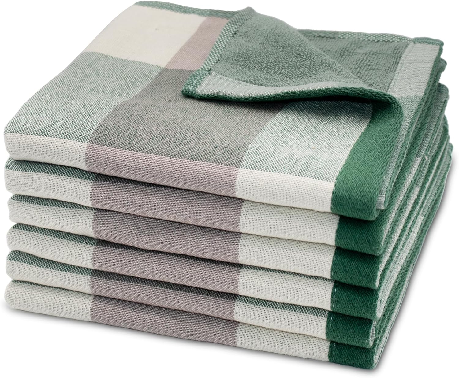 6 Pack 100% Cotton Washcloths, Dual-Sided Design (Terry + Gauze) Facecloths, 13x13 Inch Ginghqm Washrags, Soft & Skin-Friendly, for Bathroom, Kitchen & Hoehold (Green, 13x13 Inches) - Image 1
