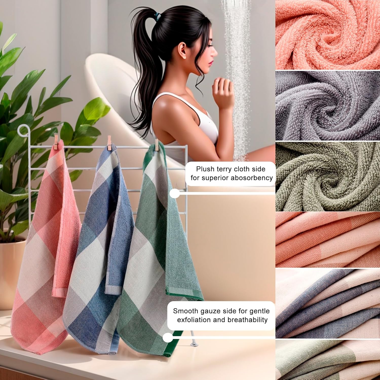 6 Pack 100% Cotton Washcloths, Dual-Sided Design (Terry + Gauze) Facecloths, 13x13 Inch Ginghqm Washrags, Soft & Skin-Friendly, for Bathroom, Kitchen & Hoehold (Green, 13x13 Inches) - Image 4