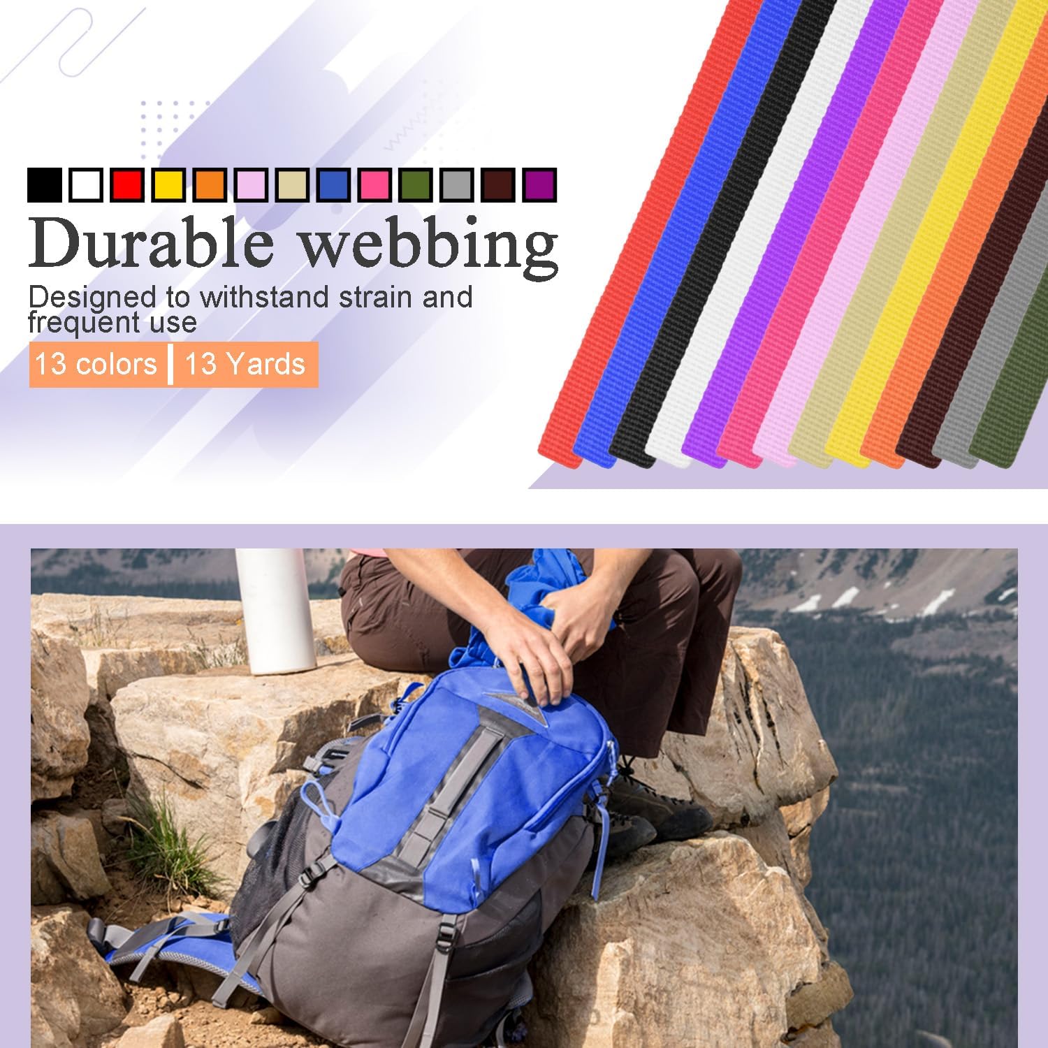 CooBigo 13 Rolls Webbing Strap 3/8 Inch 3/4 Inch 1 Inch 1.5 Inch 2 Inch Polyester Webbing 13 Colors &13 Yards 3/8