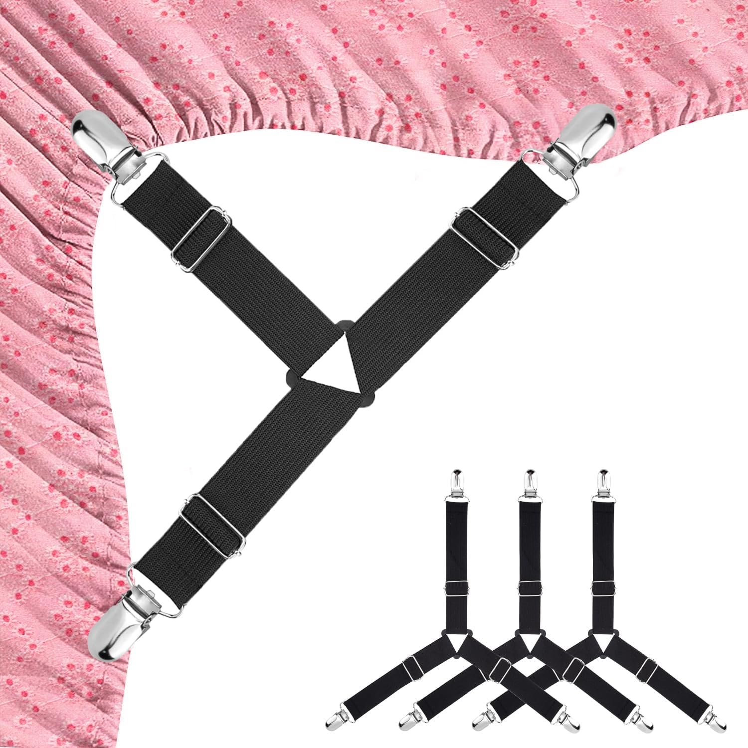 Bed Sheet Straps 4 Pcs Triangle Bed Sheet Holders Fitted Sheet Clips Adjtable Sheet Spenders Mattress Fasteners Gripper Corner Clips for Bed Mattress Cover Fitted Bed Sheets Sofa Chion - Image 1