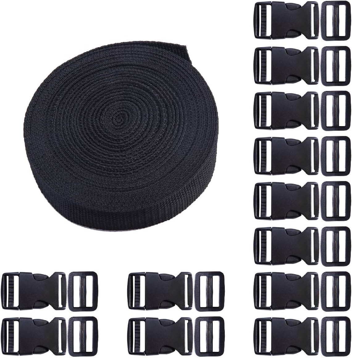 Plastic Buckle Kit Nylon Strap with Quick Release Buckle 12 Sets 1 Inch and Tri-Glide Slides with 11 Yards Nylon Strapping 1 Inch (Black) - Image 1