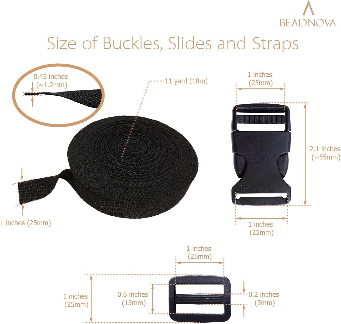 Plastic Buckle Kit Nylon Strap with Quick Release Buckle 12 Sets 1 Inch and Tri-Glide Slides with 11 Yards Nylon Strapping 1 Inch (Black) - Image 2