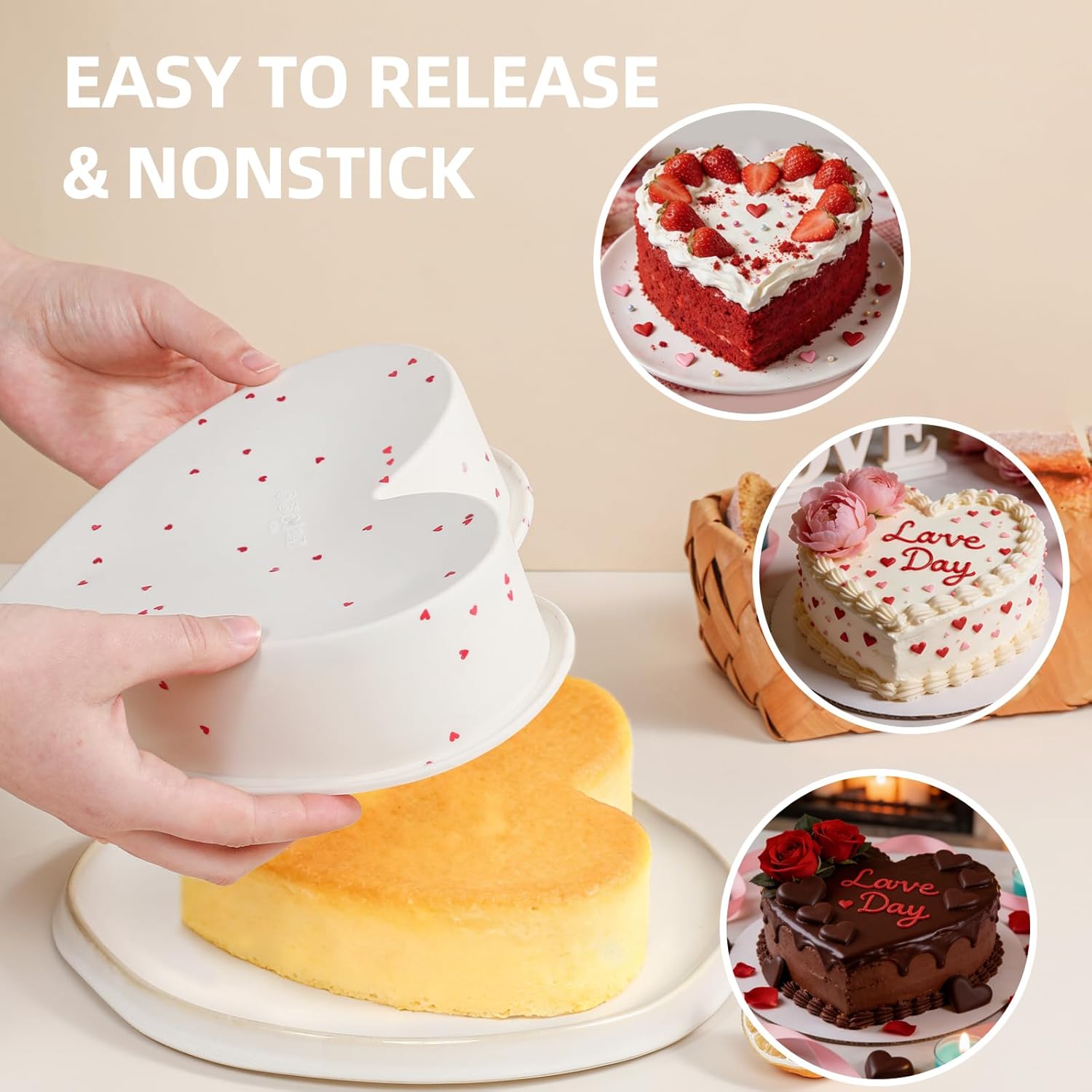 2P 10 Inch Silicone Heart Shaped Cake Pans, Nonstick Cake Pan, BPA Free Silicone Heart Cake Baking Mold for Oven Dishwasher Safe-Heartdot - Image 3