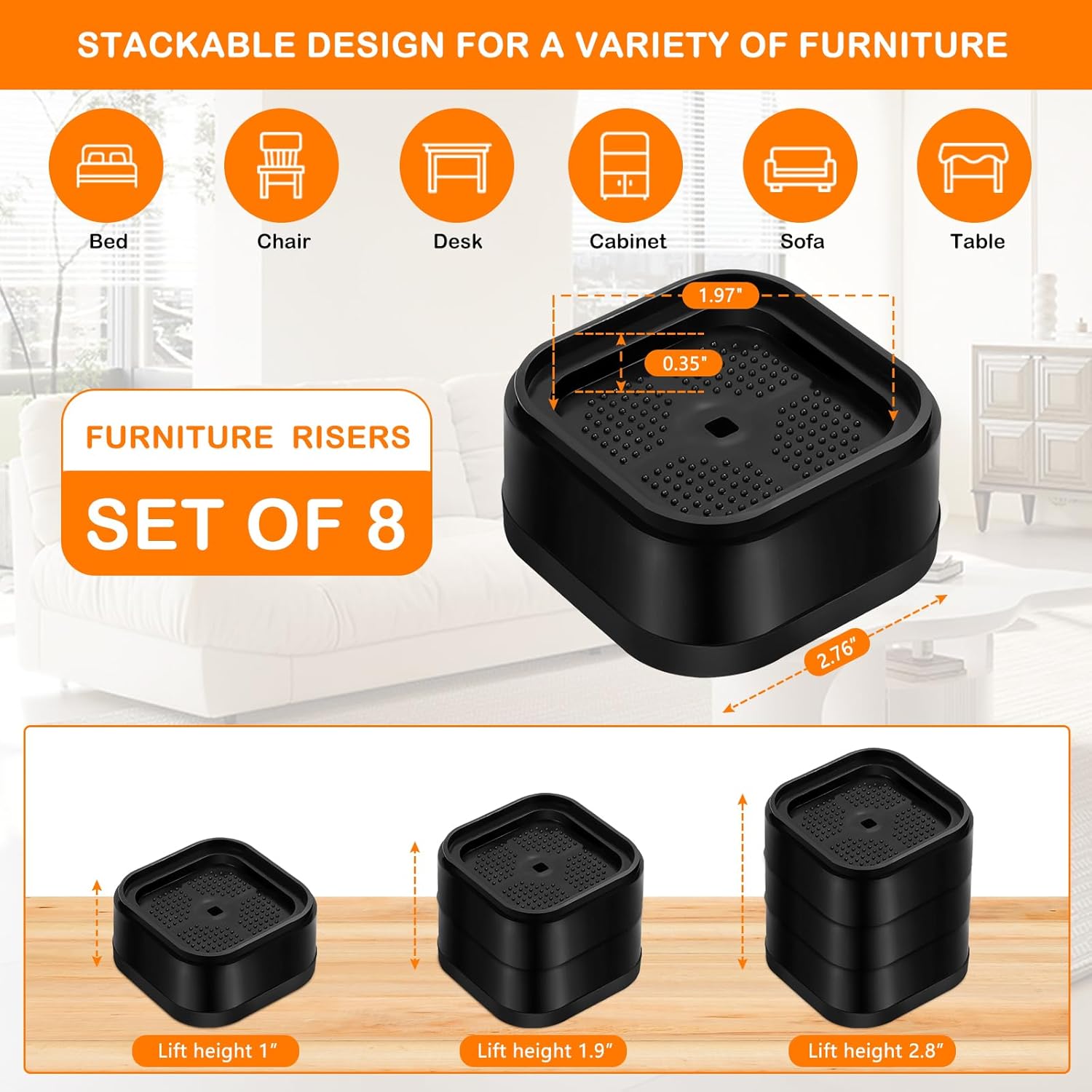 8 Pack Furniture Risers Adjtable Bed Risers Heavy Duty Lifts Height 1