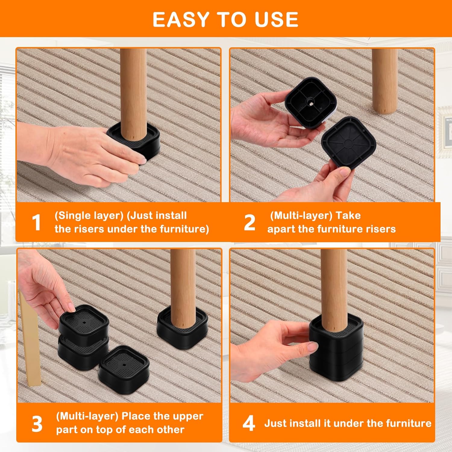8 Pack Furniture Risers Adjtable Bed Risers Heavy Duty Lifts Height 1