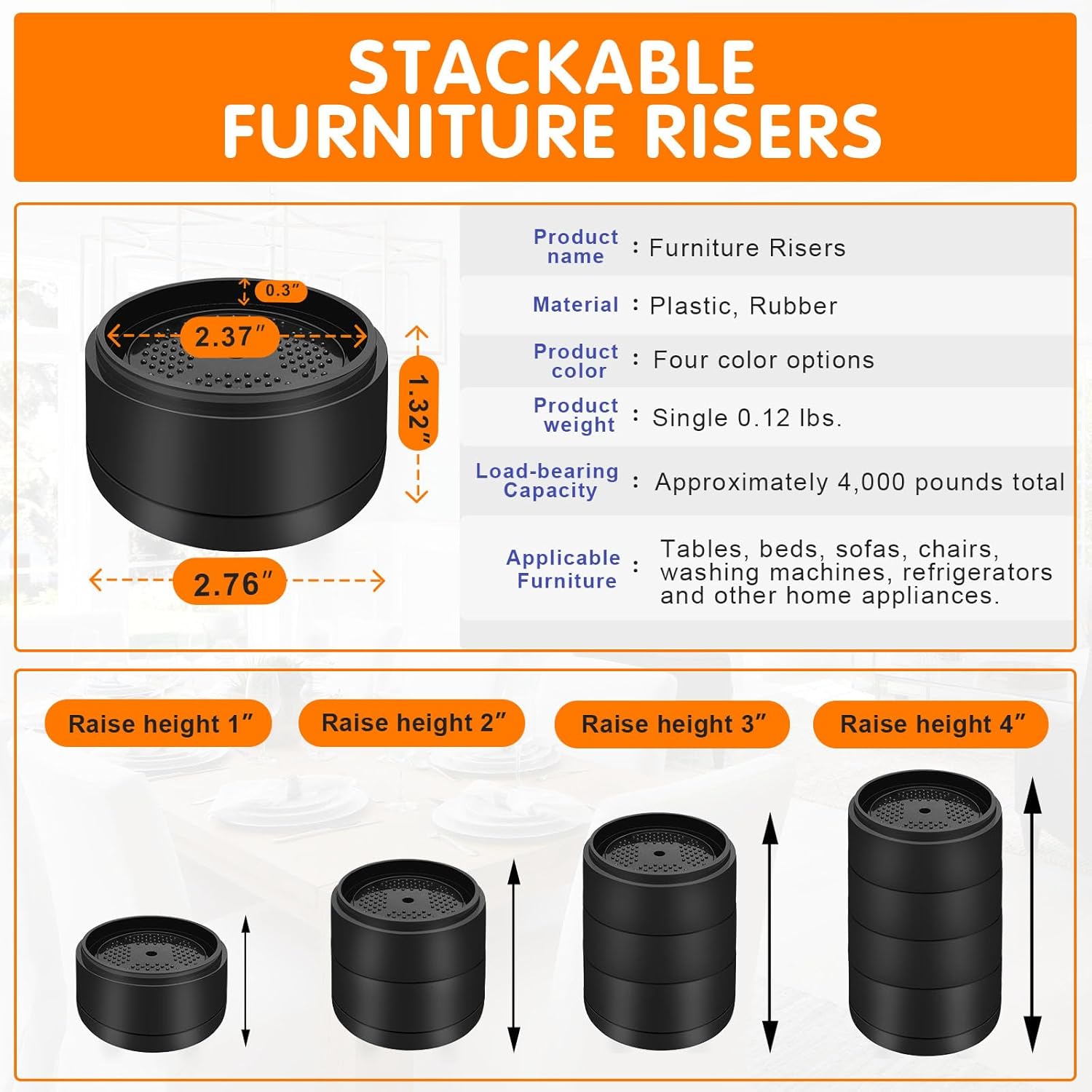 Furniture Risers Bed Risers Heavy Duty 1 inch, 2 inch, 3 inch, 4 inch Round Adjtable Bed Lifts Riser for Desk Legs Table Couch Sofa Chair Refrigerator Washing Machine (1+1 Inch, Black, 4 Pack) - Image 2