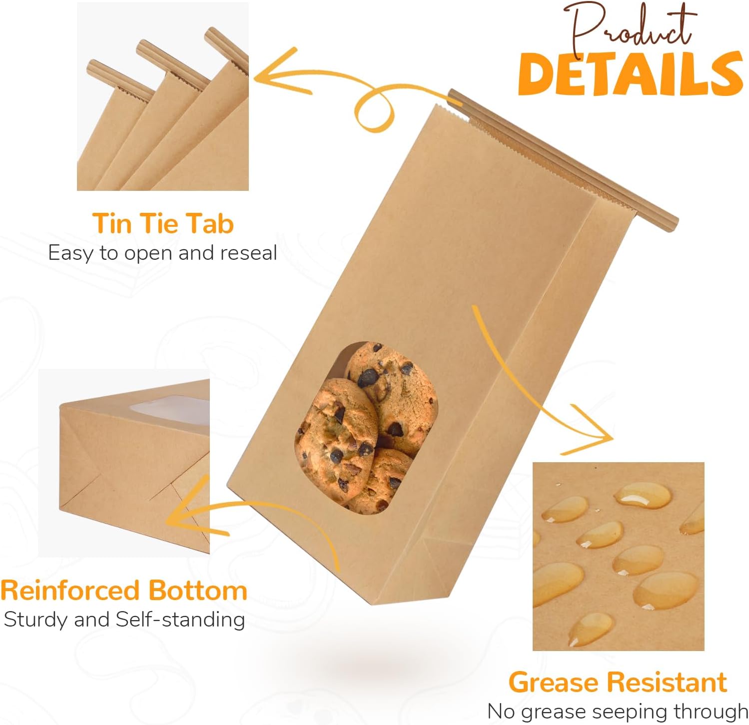 50 Pack Bakery Bags with Window, 3.9x2.3x8 Inches Tin Tie Tab Paper Cookie Bags Brown Small Gift Bag for Packaging Popcorn, Trail Mix, Treats, Snacks, Baked Goods, Party Favors | Grease Resistant, Resealable - Image 3