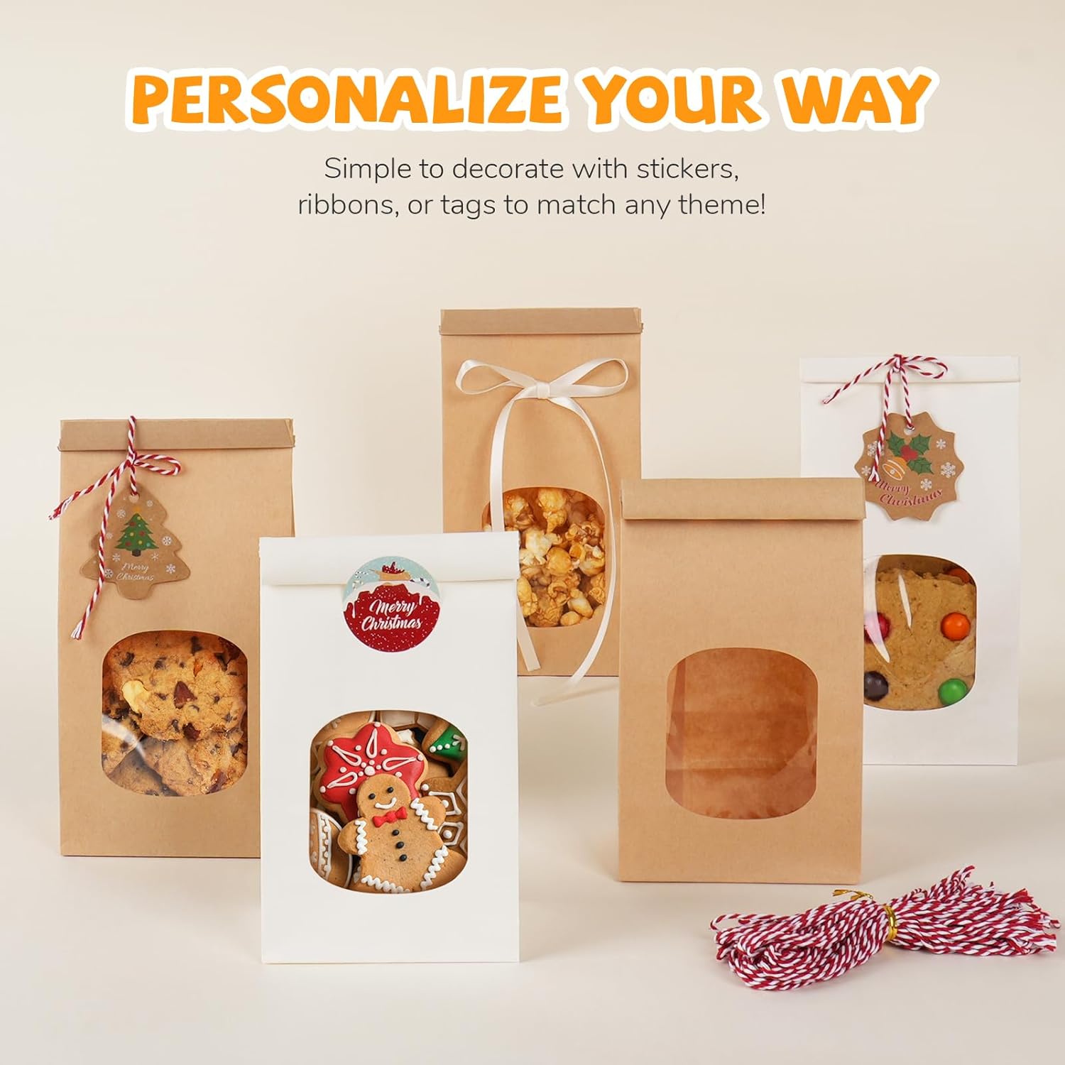 50 Pack Bakery Bags with Window, 3.9x2.3x8 Inches Tin Tie Tab Paper Cookie Bags Brown Small Gift Bag for Packaging Popcorn, Trail Mix, Treats, Snacks, Baked Goods, Party Favors | Grease Resistant, Resealable - Image 7