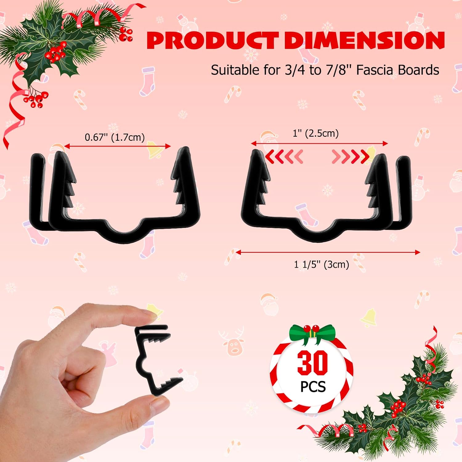 Christmas Light Hanger Clips Fascia Board Light Clips Plastic Holiday Deck Banister Hanger for Christmas Fascia Board Roof Gutter Fence Eave Decoration, Black (30 PCS, 7/8
