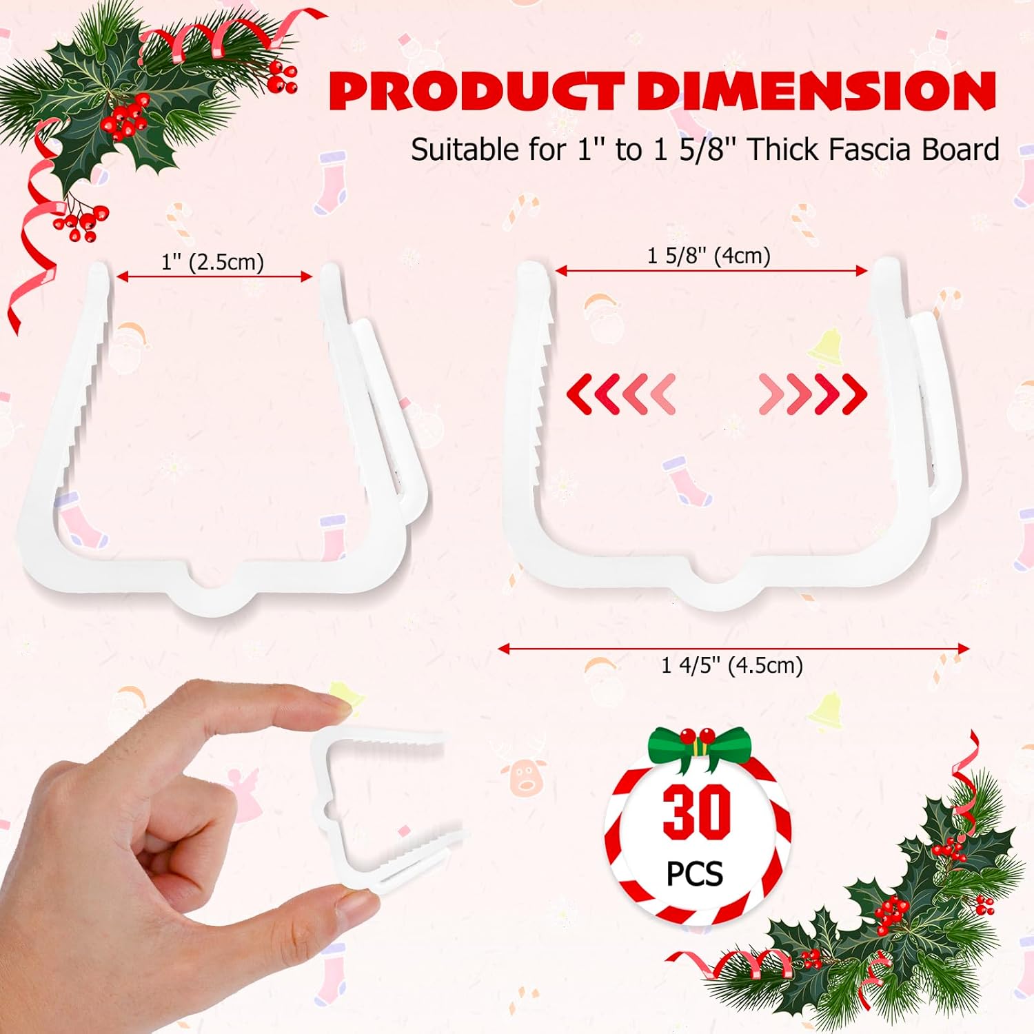 Christmas Light Hanger Clips, Fascia Board Clips, Deck Banister Light Clips, Plastic Holiday Light Clips for Christmas Fascia Board Roof Gutter Fence Eave Decoration (30 PCS, 1 5/8