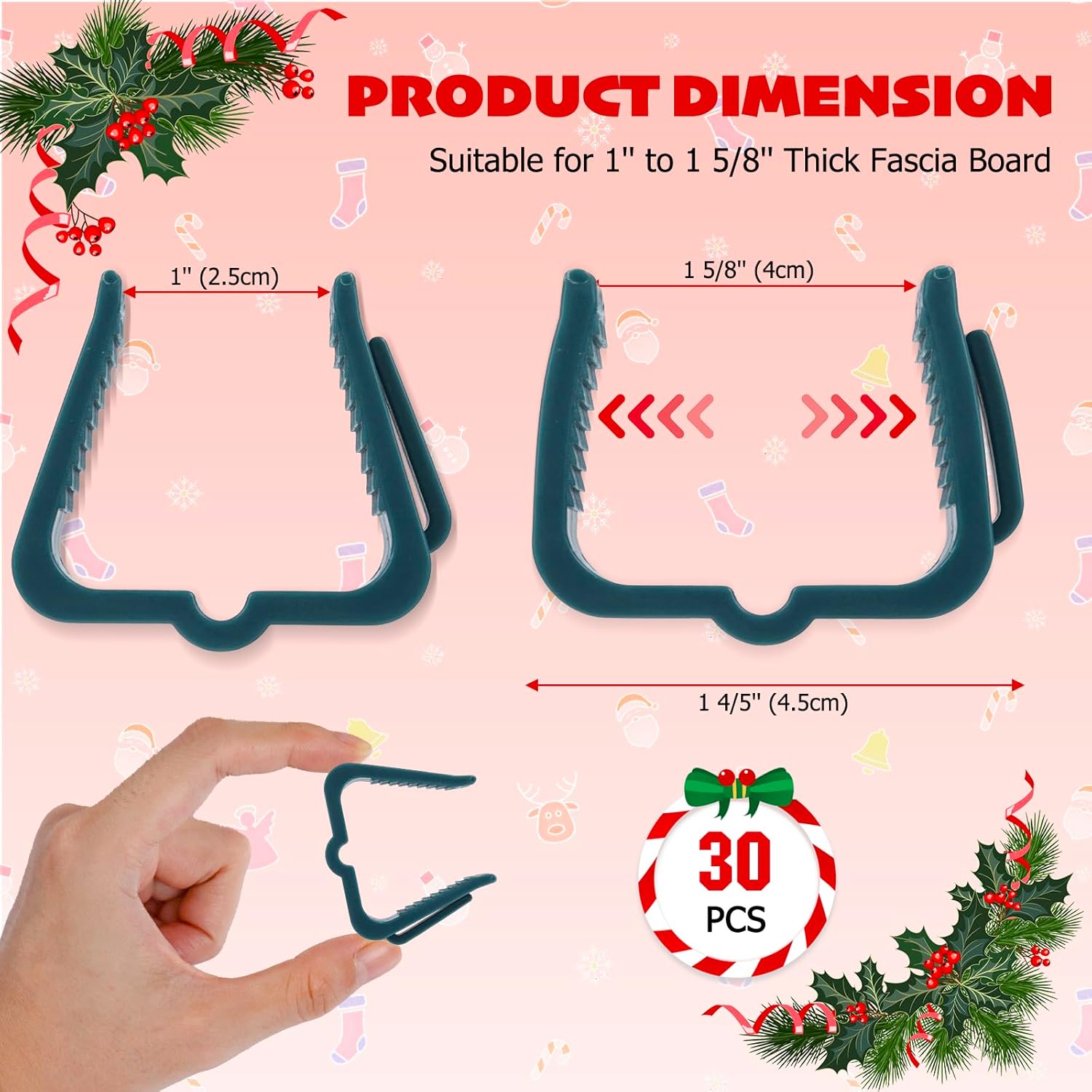 Christmas Light Hanger Clips Fascia Board Light Clips Plastic Holiday Deck Banister Hanger for Christmas Fascia Board Roof Gutter Fence Eave Decoration, Green (30 PCS, 1 5/8