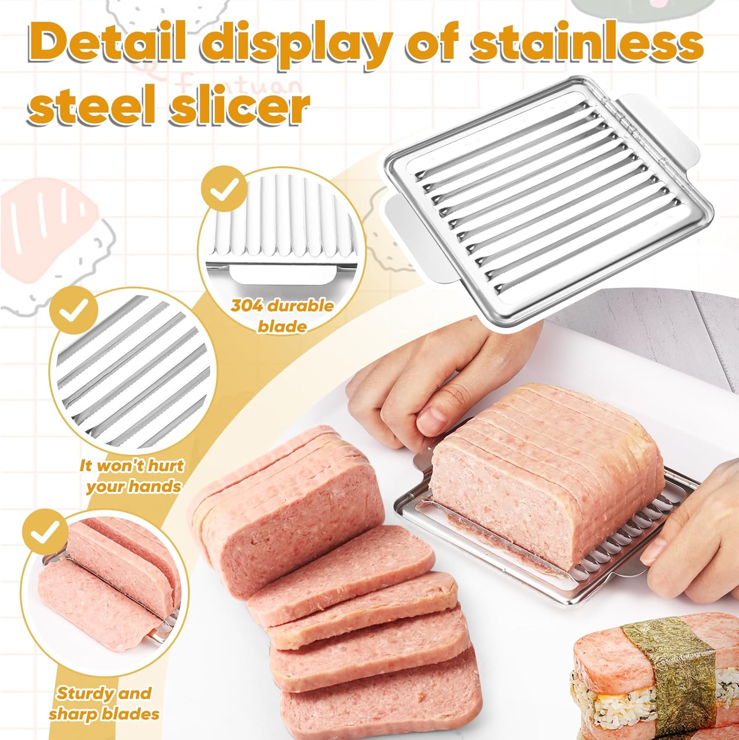Mubi Press Mold Kit, 2 Pack Clear Mubi Maker with Stainless Steel 304 Luncheon Meat Slicer for SPAM - Image 3