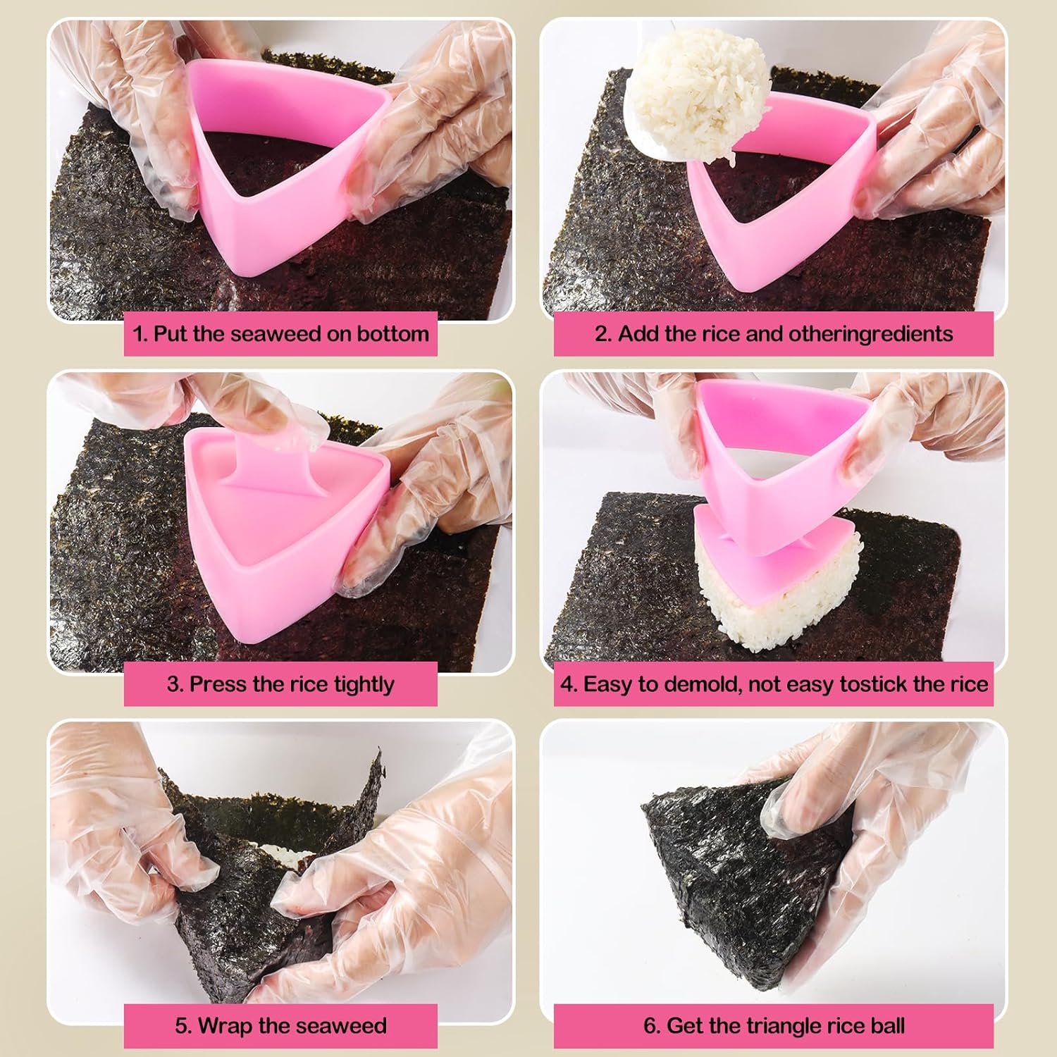 Mubi Press Mold Kit，Onigiri Mold Triangle，4 Pack Japanese Rice Cooker Kit for Lunch Bento - Image 6