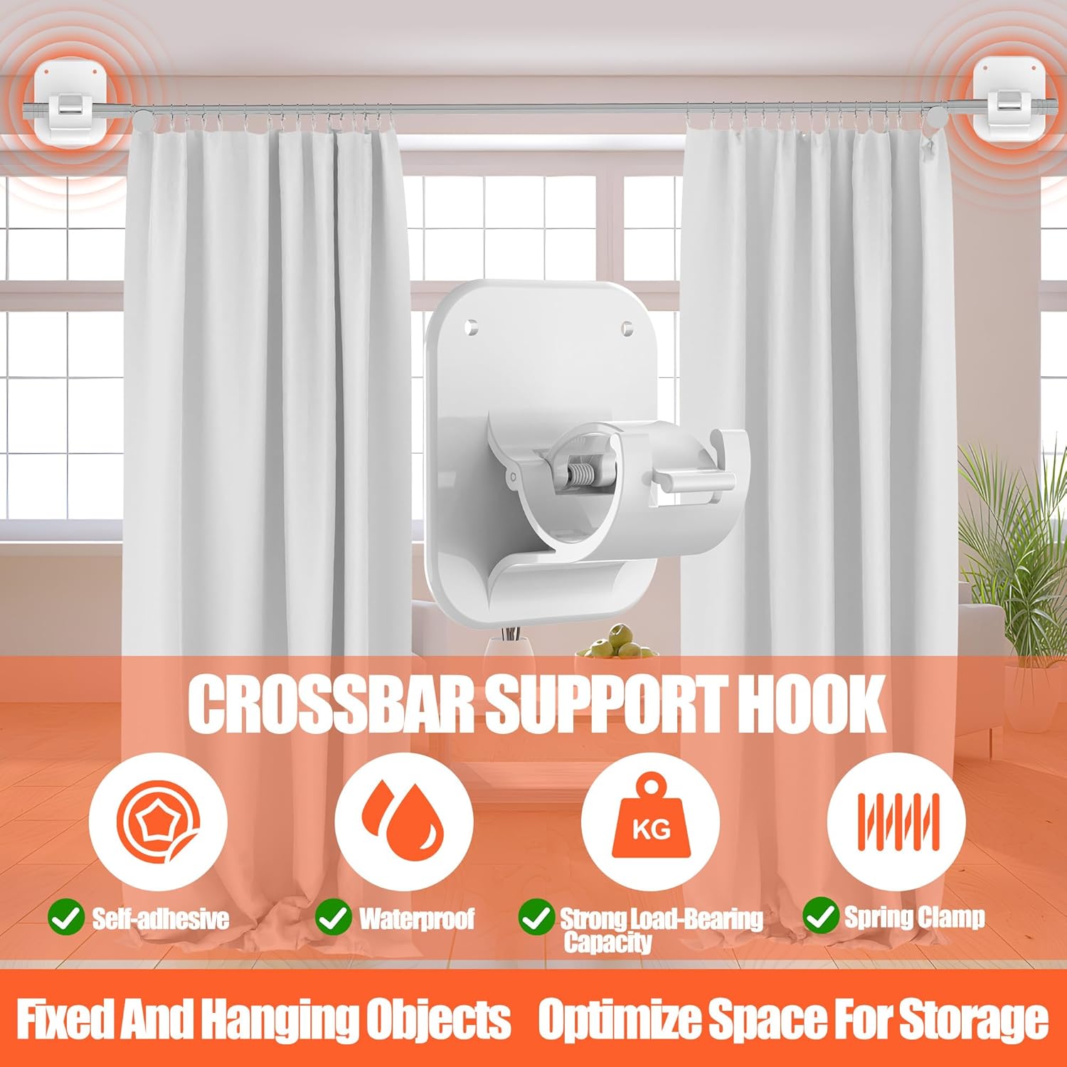 No Drill Curtain Rod Brackets No Drilling Holder 40LB - Renter Friendly Self Adhesive Hooks for Apartment Dorm Classroom Essentials Decor Hanging Drapes Rv Over Blinds Kitchen Bedroom Home - Image 4