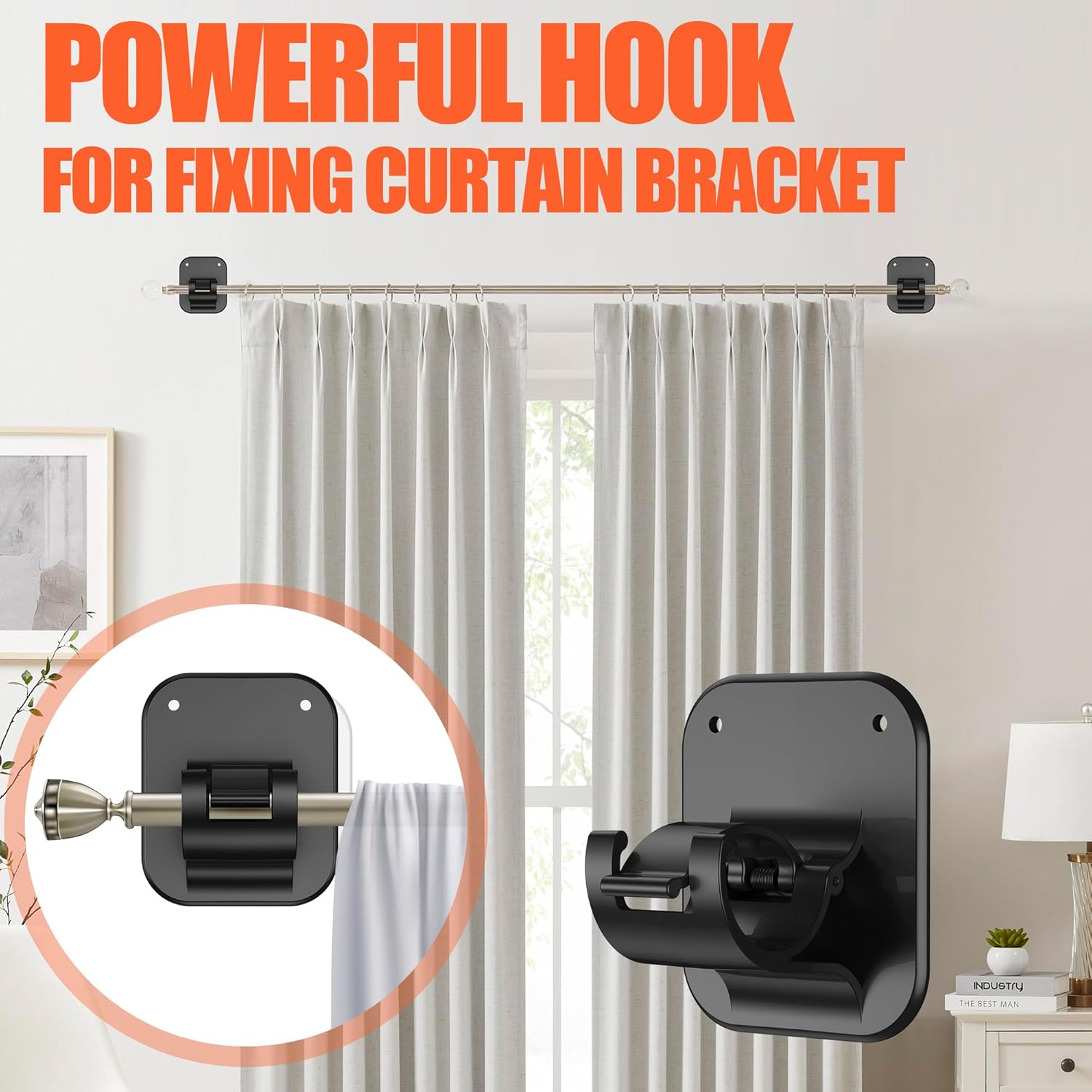 No Drill Curtain Rod Brackets No Drilling Holder 40LB - Renter Friendly Self Adhesive Hooks for Apartment Dorm Classroom Essentials Decor Hanging Drapes Rv Over Blinds Kitchen Bedroom Home - Image 5