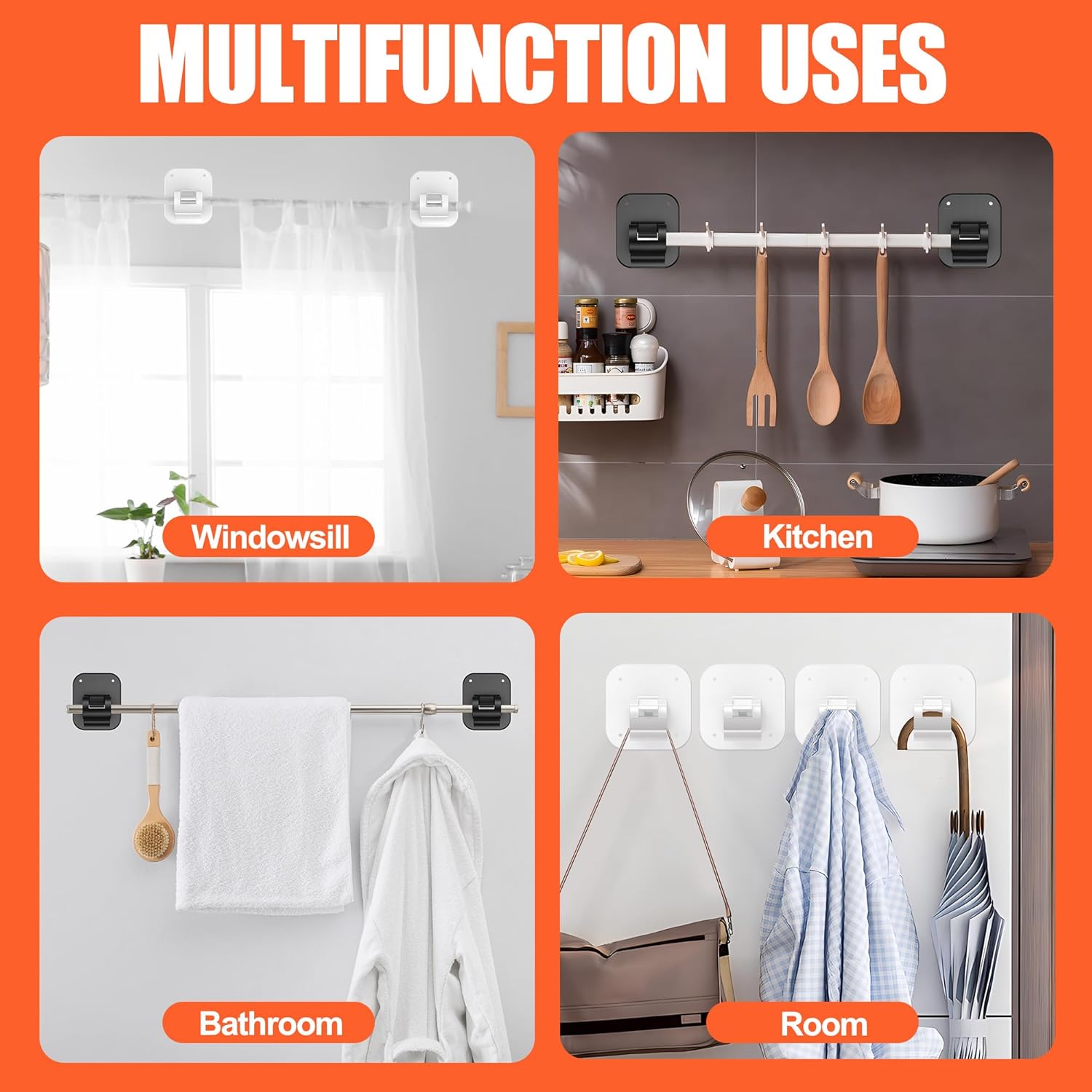 No Drill Curtain Rod Brackets No Drilling Holder 40LB - Renter Friendly Self Adhesive Hooks for Apartment Dorm Classroom Essentials Decor Hanging Drapes Rv Over Blinds Kitchen Bedroom Home - Image 6