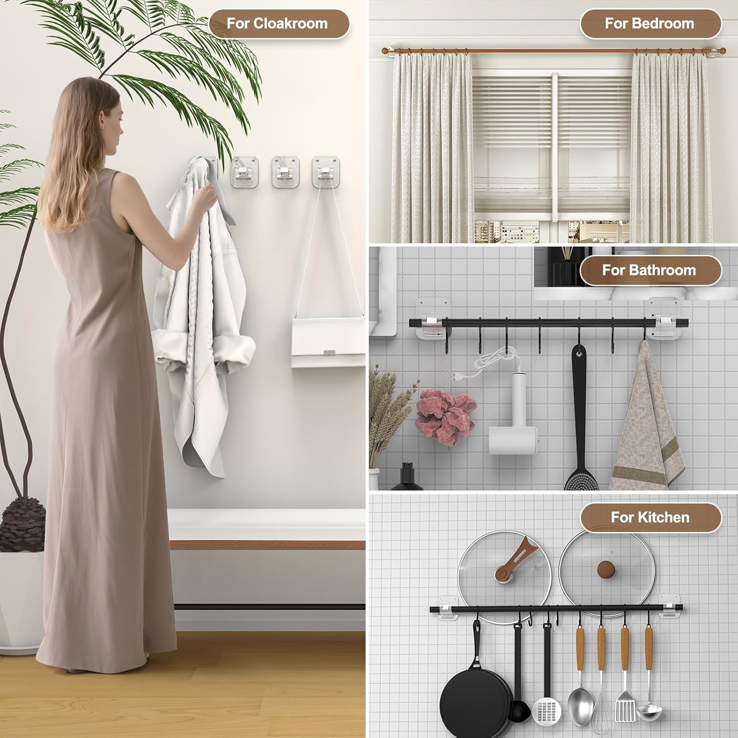 No Drill Curtain Rod Brackets No Drilling Holder 40LB - Renter Friendly Self Adhesive Hooks for Apartment Dorm Classroom Essentials Decor Hanging Drapes Rv Over Blinds Kitchen Bedroom Home - Image 3