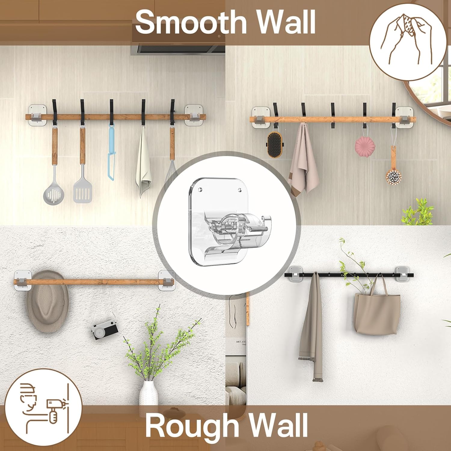 No Drill Curtain Rod Brackets No Drilling Holder 40LB - Renter Friendly Self Adhesive Hooks for Apartment Dorm Classroom Essentials Decor Hanging Drapes Rv Over Blinds Kitchen Bedroom Home - Image 7