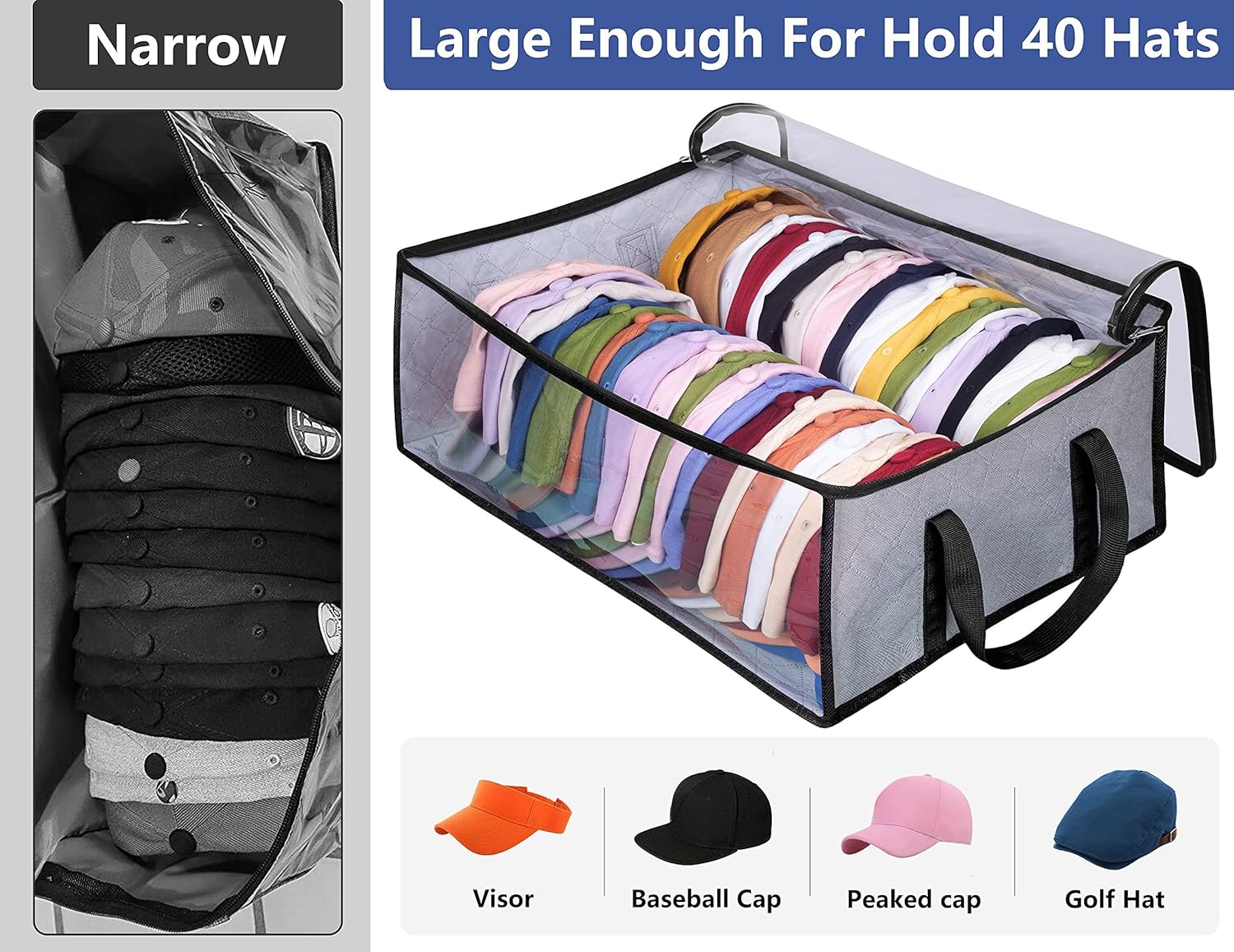 Hat Storage for Baseball Caps, Large Holds up to 40 Caps Wide Hat Organizer for Closet Snapback Holder, Grey - Image 2