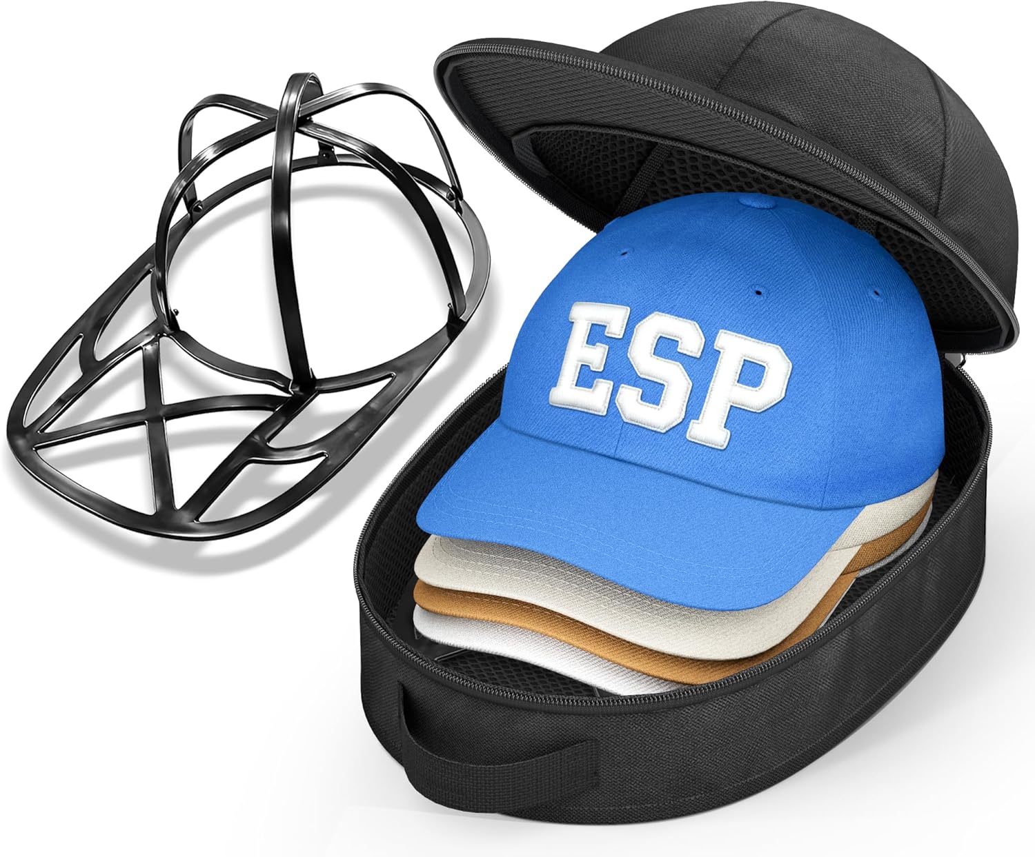 Hat Travel Case for Baseball Caps, Cap Carrier with Plastic Holder & Carrying Handle, Holds up to 6 Caps Hat Bag for Luggage, Suitcase (Black) - Image 1
