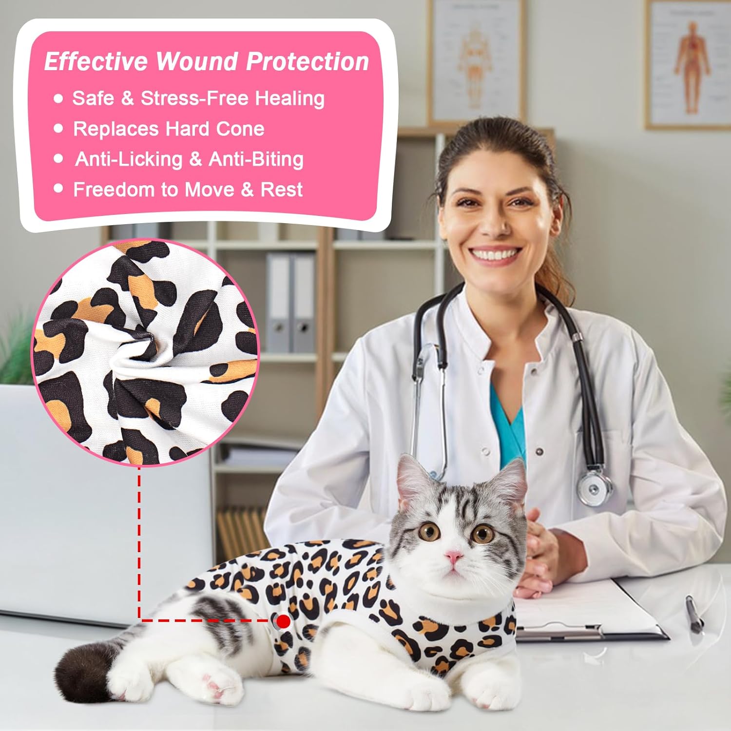 Cat Recovery Suit Female Cats Onesie for Cats, Breathable Cat Surgery Suit for Surgical Abdominal Wounds Skin Diseases, Cute Kitten Spay Recovery Suit E-Collar Alternative Anti Licking - Image 2