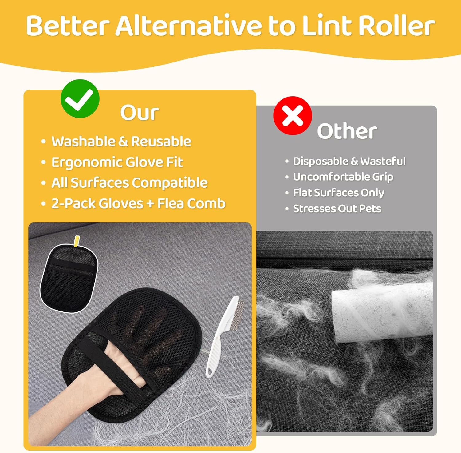 Pet Hair Removal Glove for Dogs & Cats, Upgraded 2PCS Electrostatic Pet Hair Remover with Grooming Comb, Reable Washable Magic Brh Hair Tool Mitt for Clothing, Couch, Carpet, Car Seat - Image 6