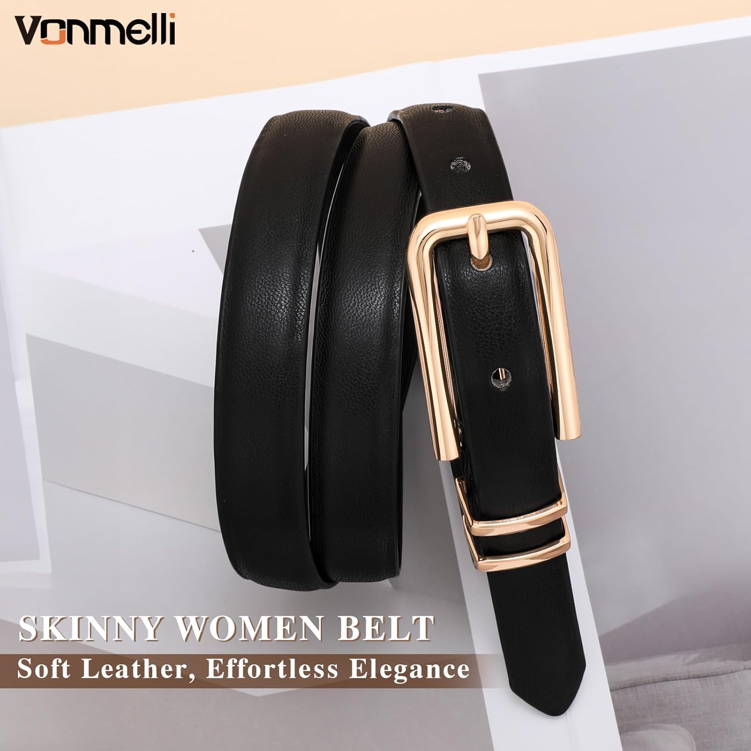 Women Skinny Leather Belt Thin Waist Belt for Women Jeans Dress Fashion Ladies Belt with Gold Buckle - Image 2