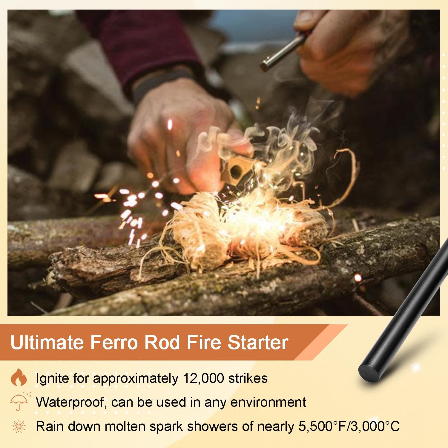 2 Pack Ferrocerium Rod Fire Steel,3/8x4 Inch Ferro Rod Fire Starter,Camping Fire Starter Survival,Flint Stick for Paracord Bracelet keychain lanyard Camping Hiking DIY Outdoor Emergency Kit - Image 3