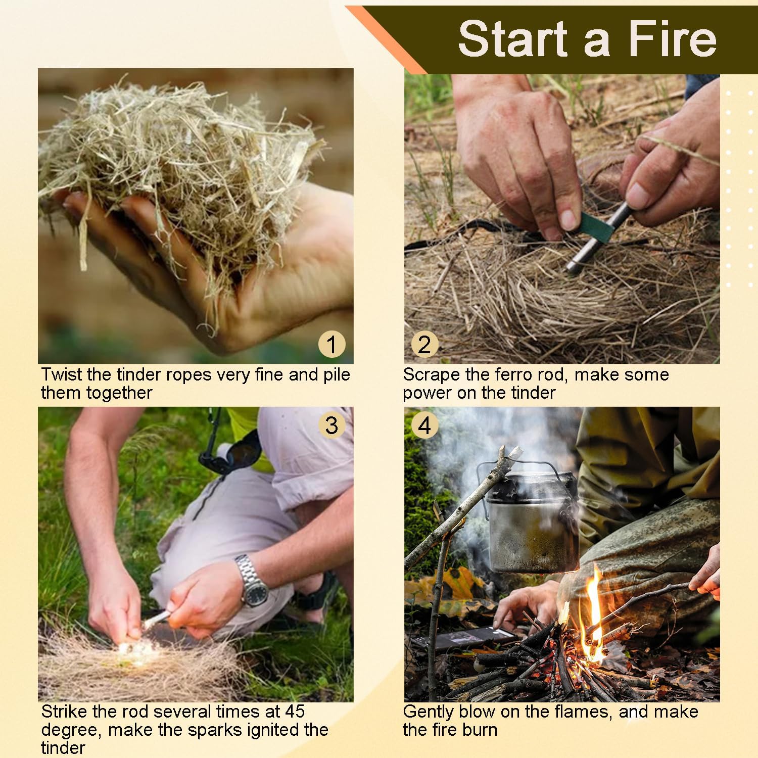 2 Pack Ferrocerium Rod Fire Steel,3/8x4 Inch Ferro Rod Fire Starter,Camping Fire Starter Survival,Flint Stick for Paracord Bracelet keychain lanyard Camping Hiking DIY Outdoor Emergency Kit - Image 4