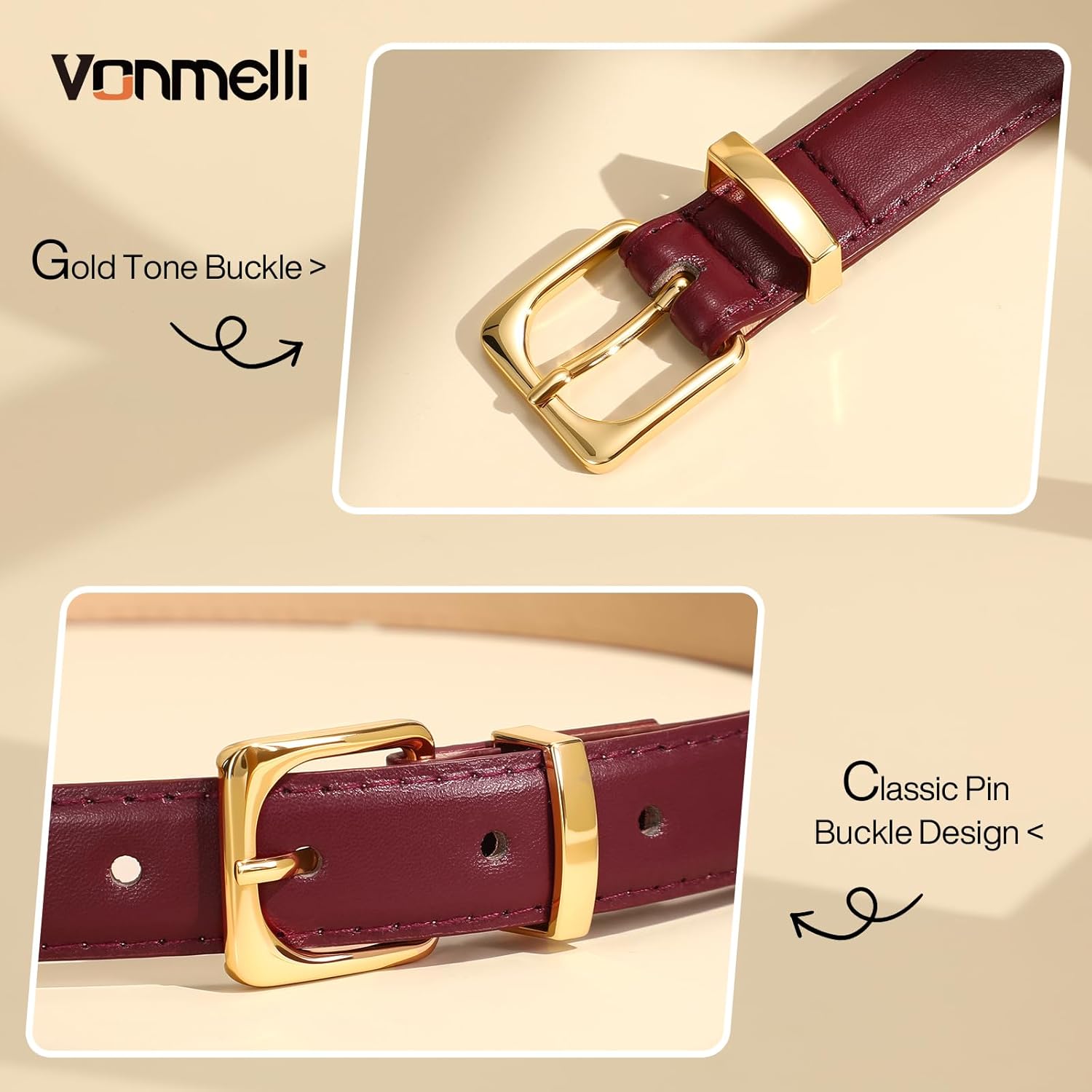 Womens Thin Leather Belt for Jeans Pants Dress Fashion Skinny Belt with Gold Buckle for Women - Image 3