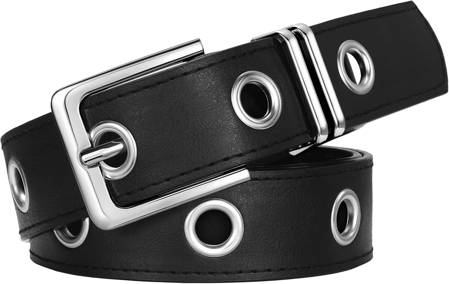 Grommet Leather Belt for Women Men, Black Punk Goth Belt for Women Jeans - Image 1