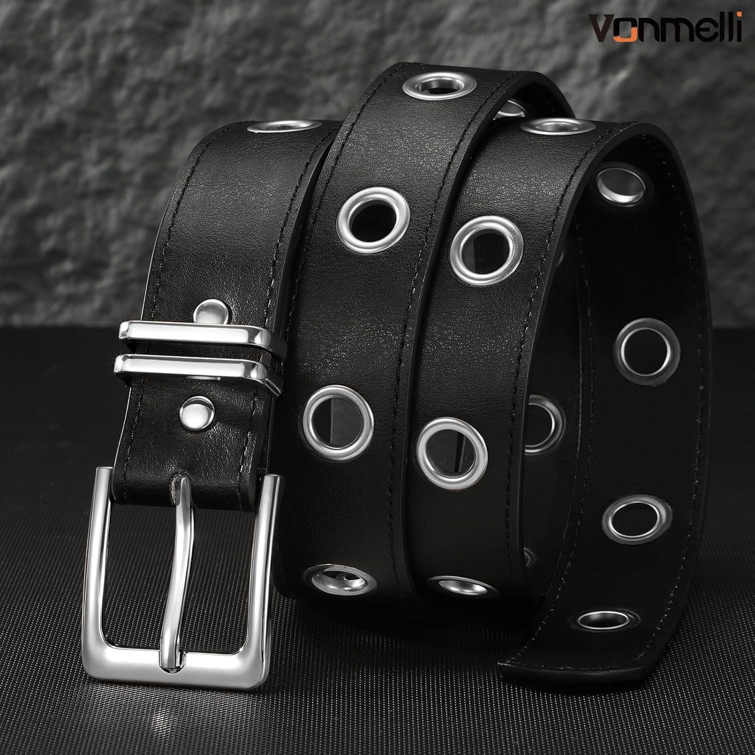 Grommet Leather Belt for Women Men, Black Punk Goth Belt for Women Jeans - Image 4