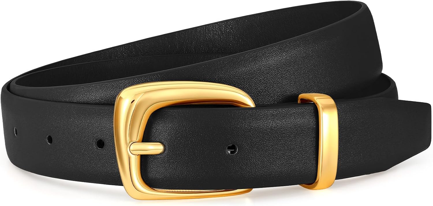Womens Leather Belt for Jeans Dresses Waist Belt for Women Fashion Retro Gold Buckle Ladies Belts - Image 1
