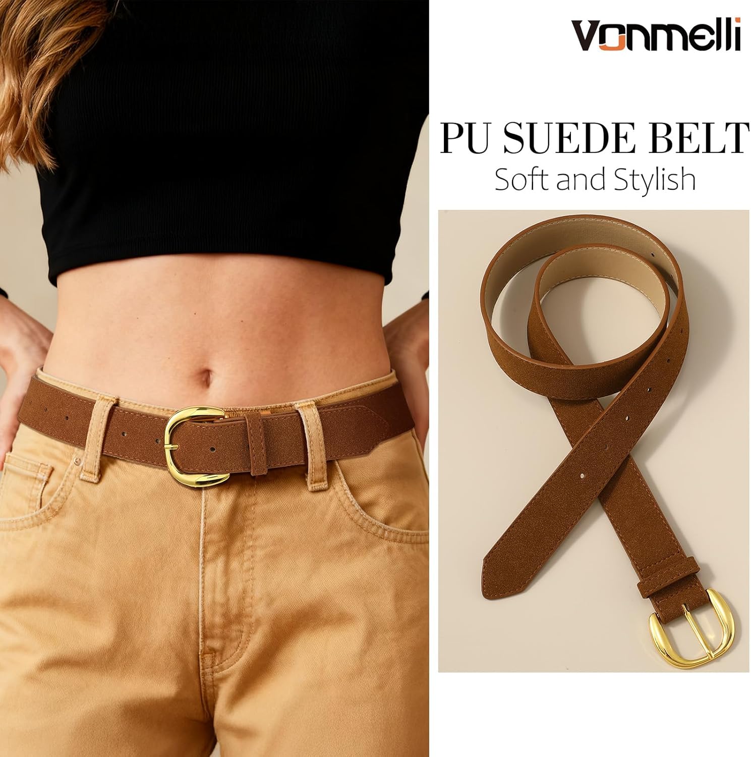 Women Suede Leather Belt for Jeans Dresses Ladies Waist Belt with Retro Gold Buckle - Image 2