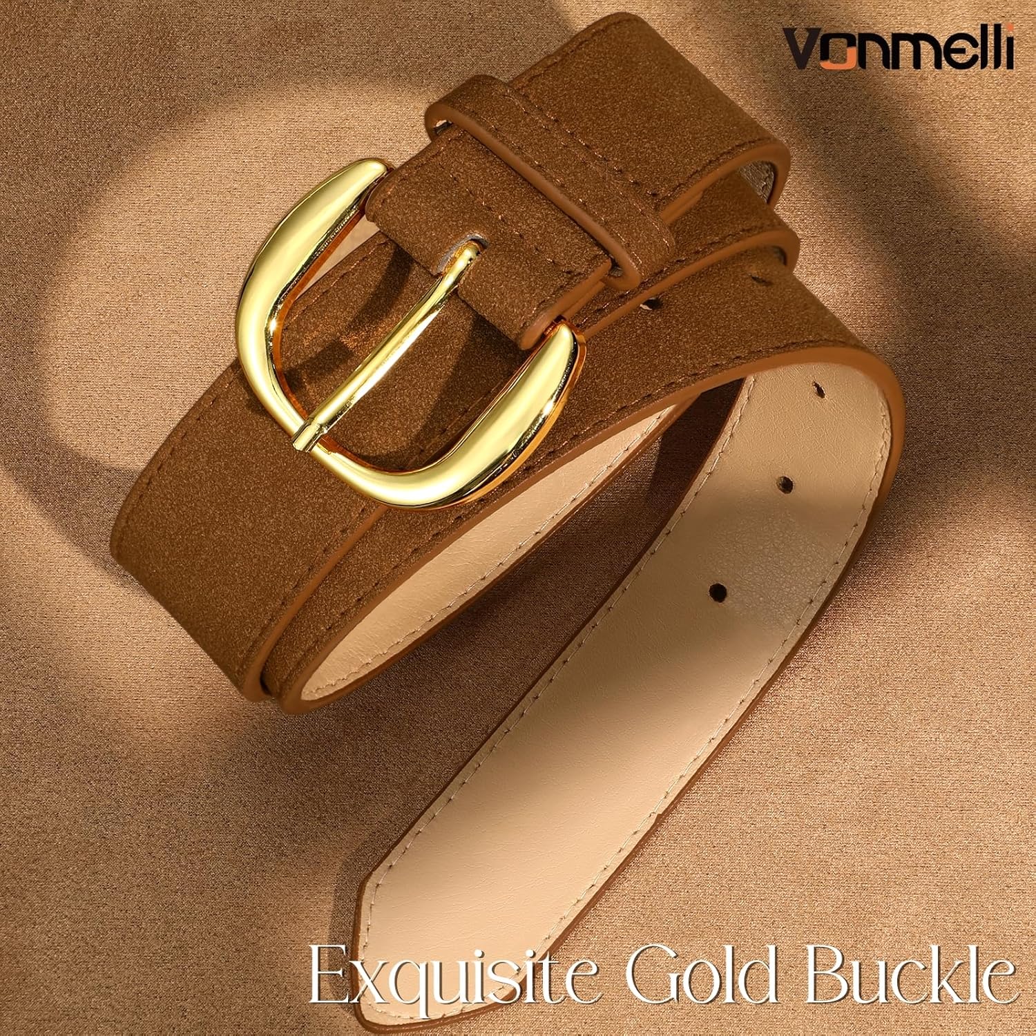 Women Suede Leather Belt for Jeans Dresses Ladies Waist Belt with Retro Gold Buckle - Image 3