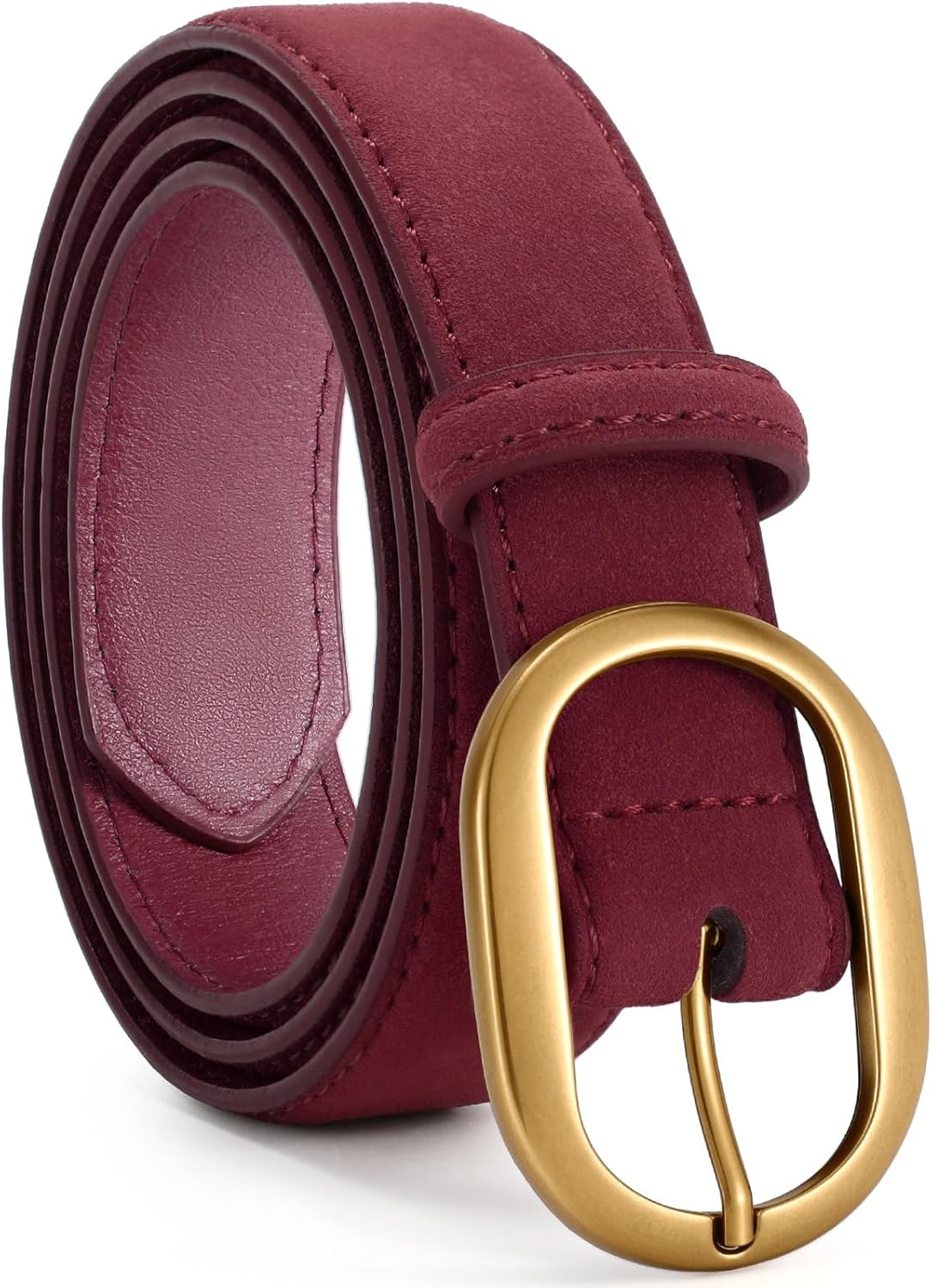 Womens Suede Belt for Jeans Dresses Burgundy Ladies Leather Waist Belts with Vintage Gold Buckle, M - Image 1