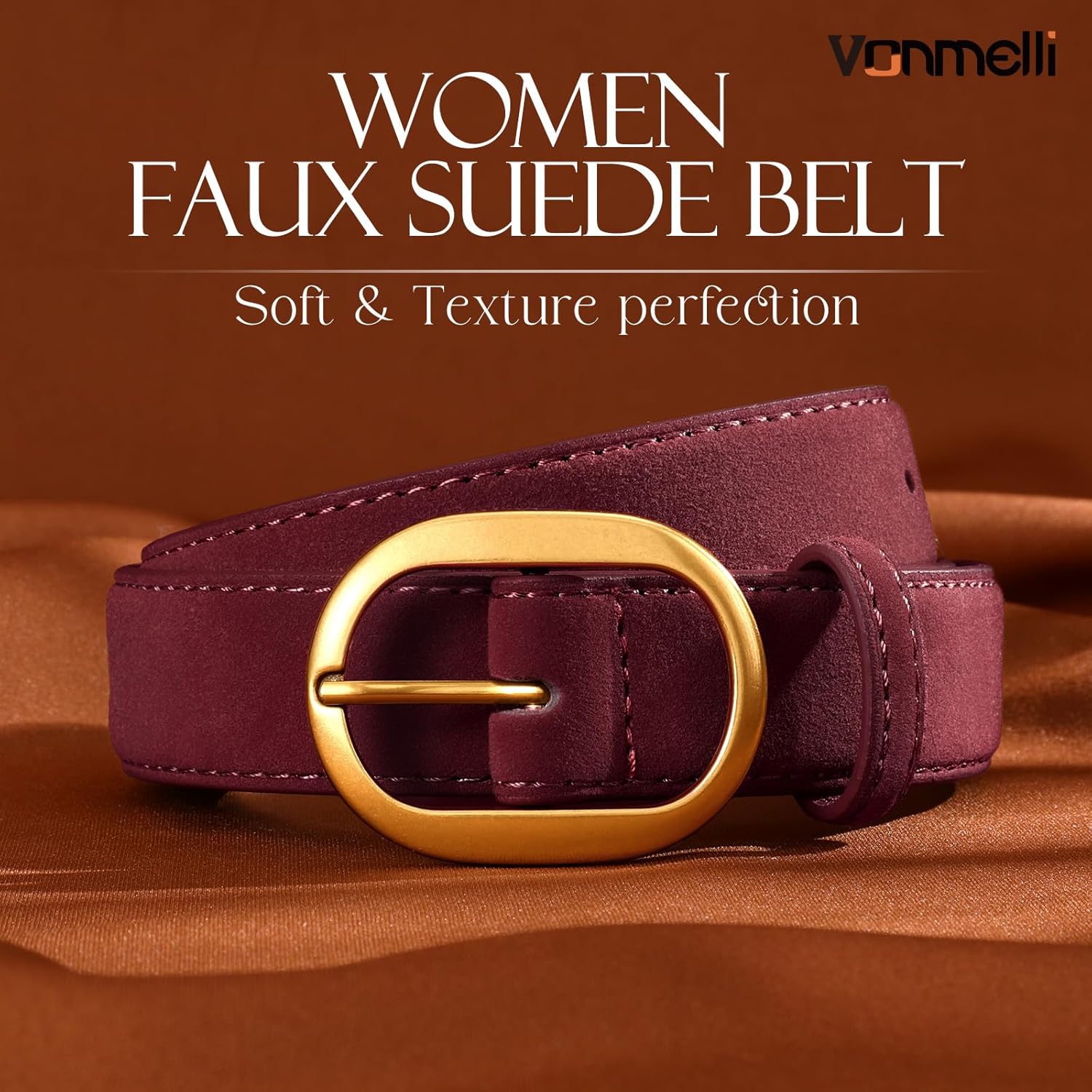 Womens Suede Belt for Jeans Dresses Burgundy Ladies Leather Waist Belts with Vintage Gold Buckle, M - Image 4