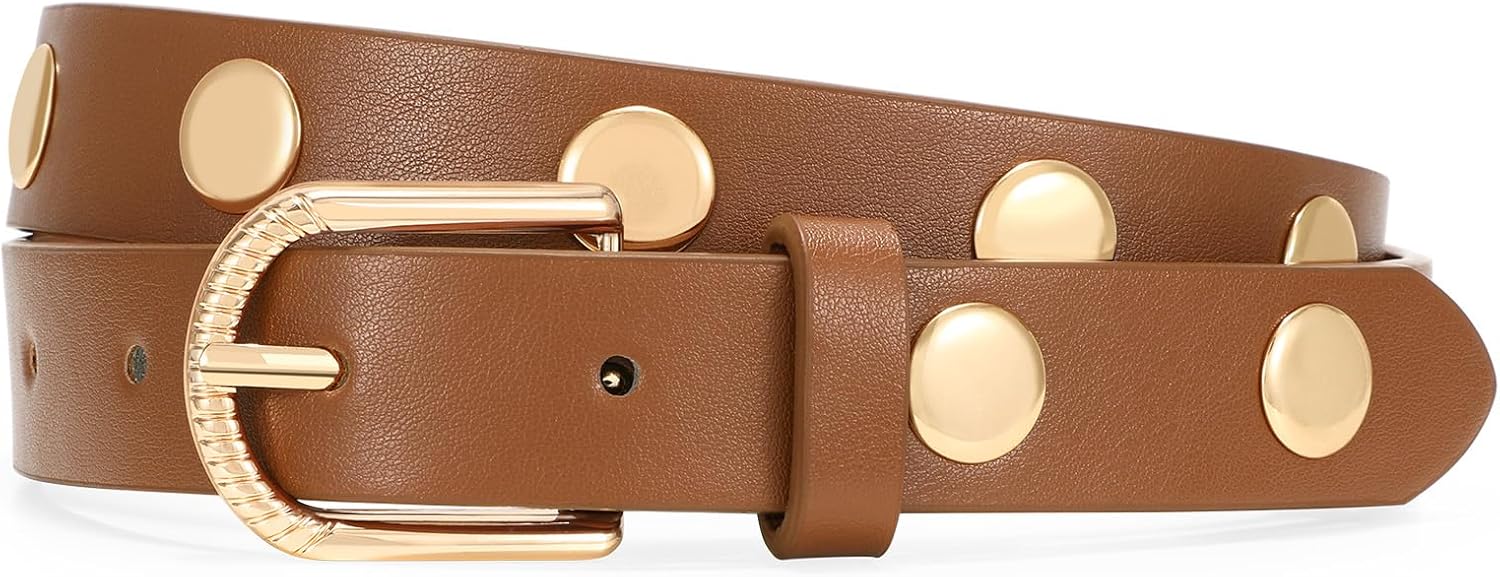 Skinny Leather Belt for Women Studded Thin Belt for Fashion Jeans Dress Ladies Waist Belts - Image 1