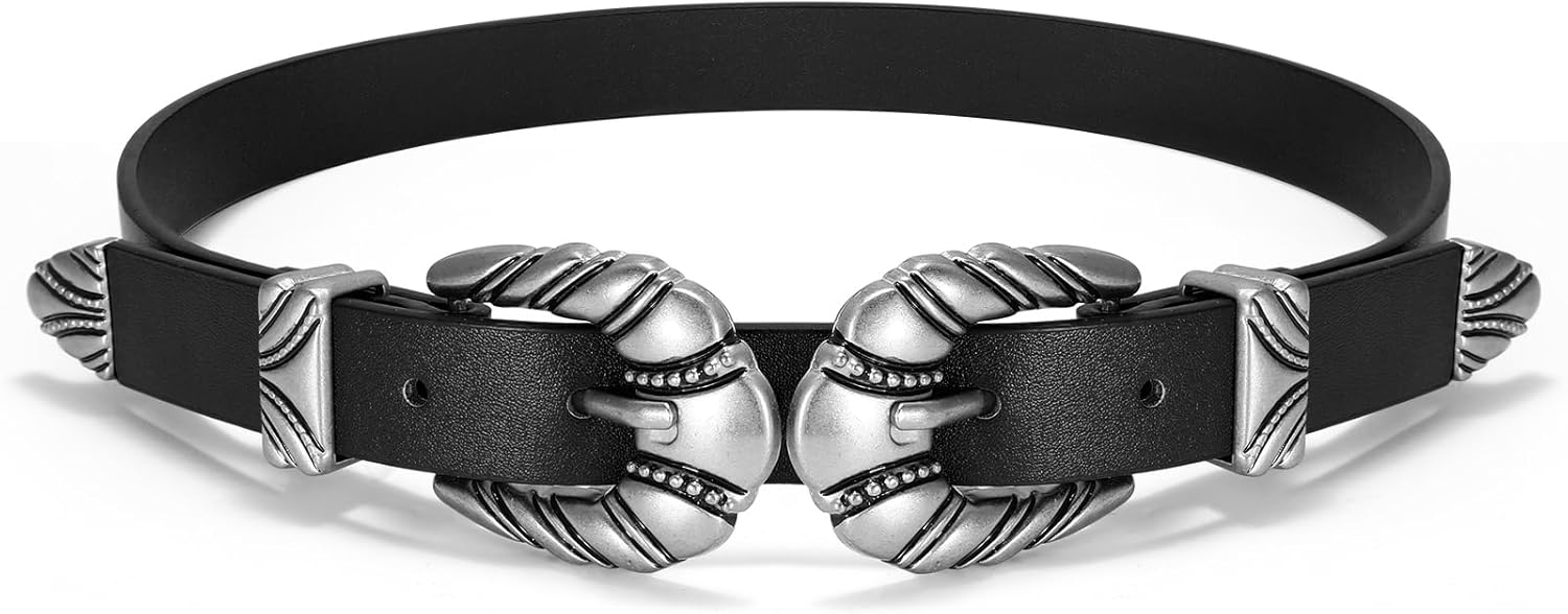 Western Leather Belts for Women Jeans Dress Cowgirl Thin Ladies Belt with Double Sliver Buckle - Image 1