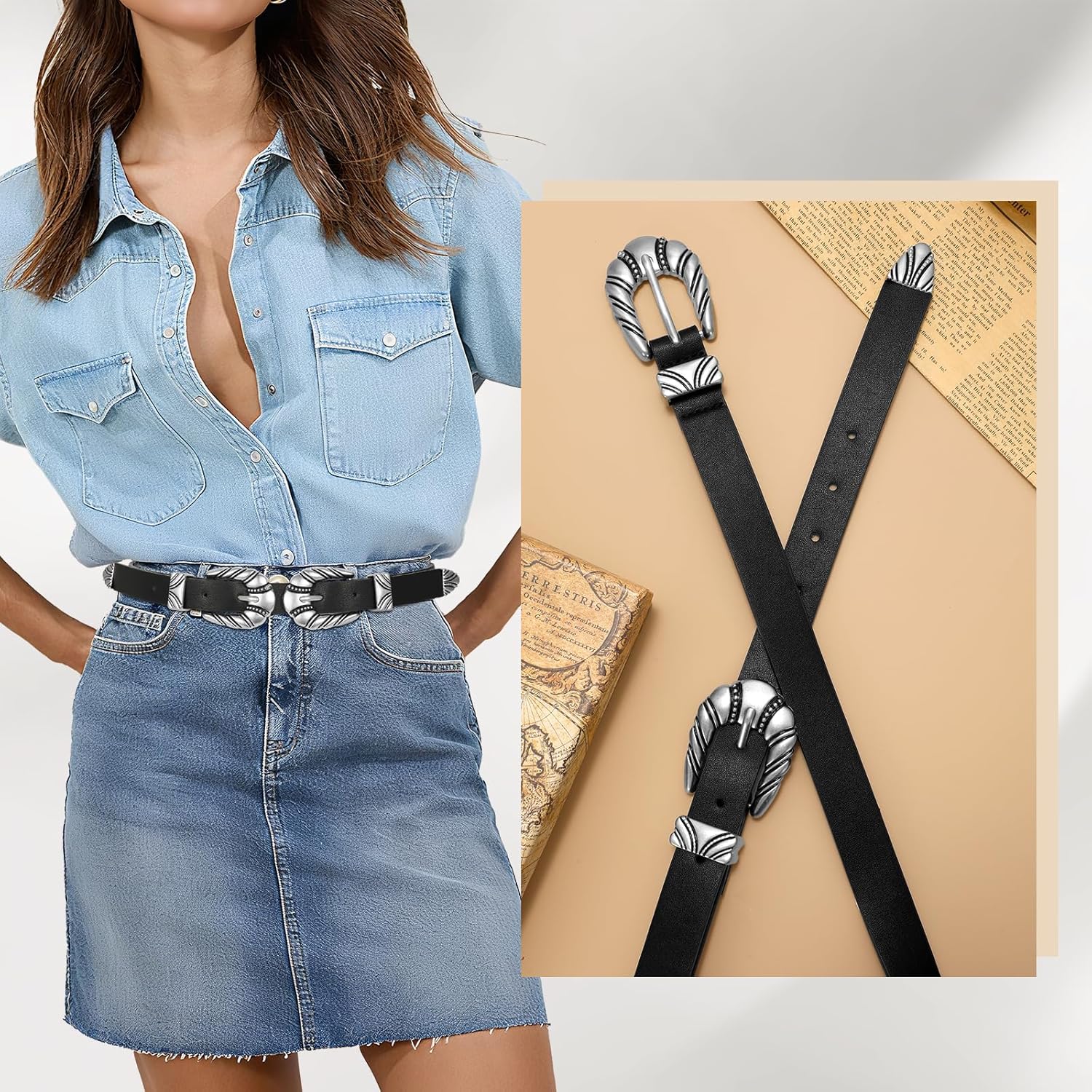 Western Leather Belts for Women Jeans Dress Cowgirl Thin Ladies Belt with Double Sliver Buckle - Image 2