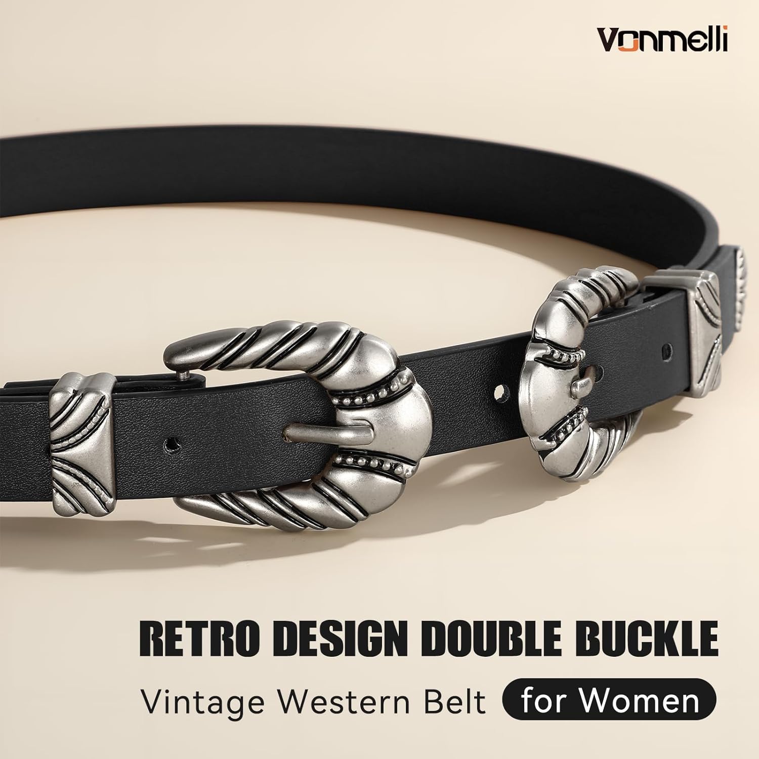 Western Leather Belts for Women Jeans Dress Cowgirl Thin Ladies Belt with Double Sliver Buckle - Image 3