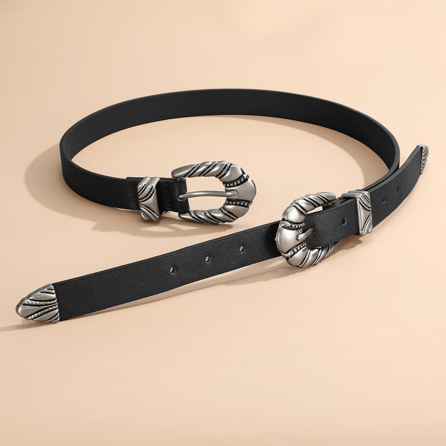 Western Leather Belts for Women Jeans Dress Cowgirl Thin Ladies Belt with Double Sliver Buckle - Image 5