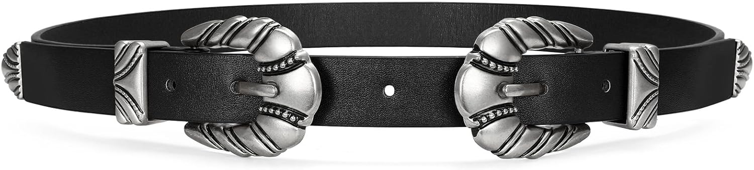Western Leather Belts for Women Jeans Dress Cowgirl Thin Ladies Belt with Double Sliver Buckle - Image 6