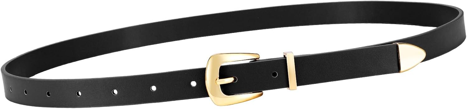 Women Skinny Leather Belt for Jeans Dress Black Thin Waist Belt Ladies Belt with Gold Buckle, M - Image 1