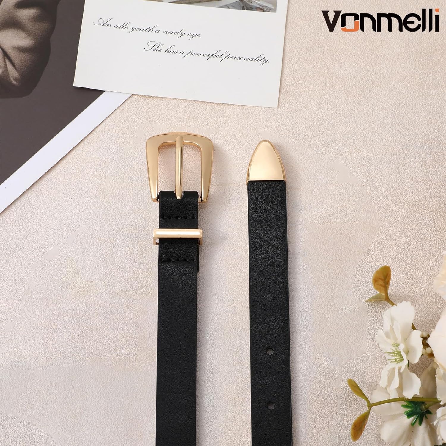 Women Skinny Leather Belt for Jeans Dress Black Thin Waist Belt Ladies Belt with Gold Buckle, M - Image 2