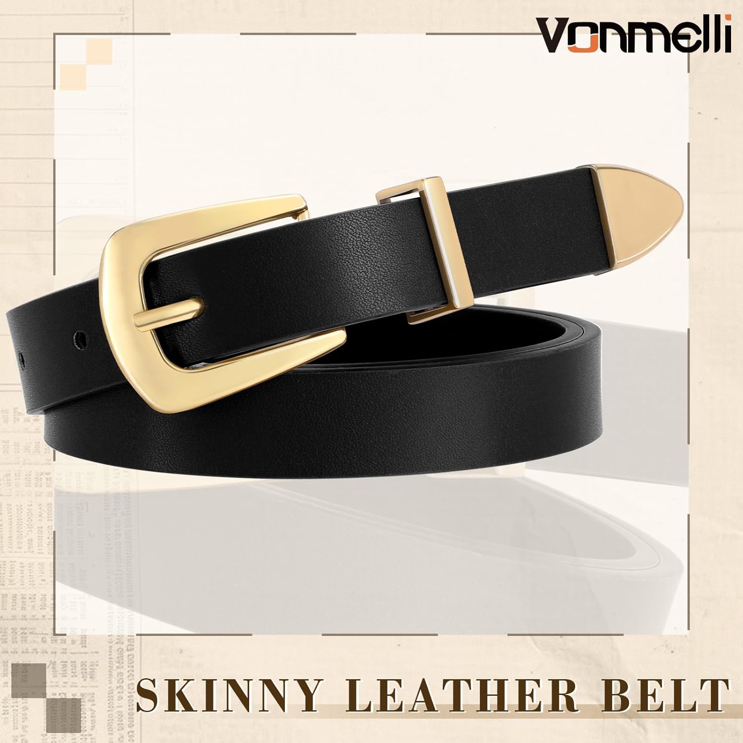 Women Skinny Leather Belt for Jeans Dress Black Thin Waist Belt Ladies Belt with Gold Buckle, M - Image 3