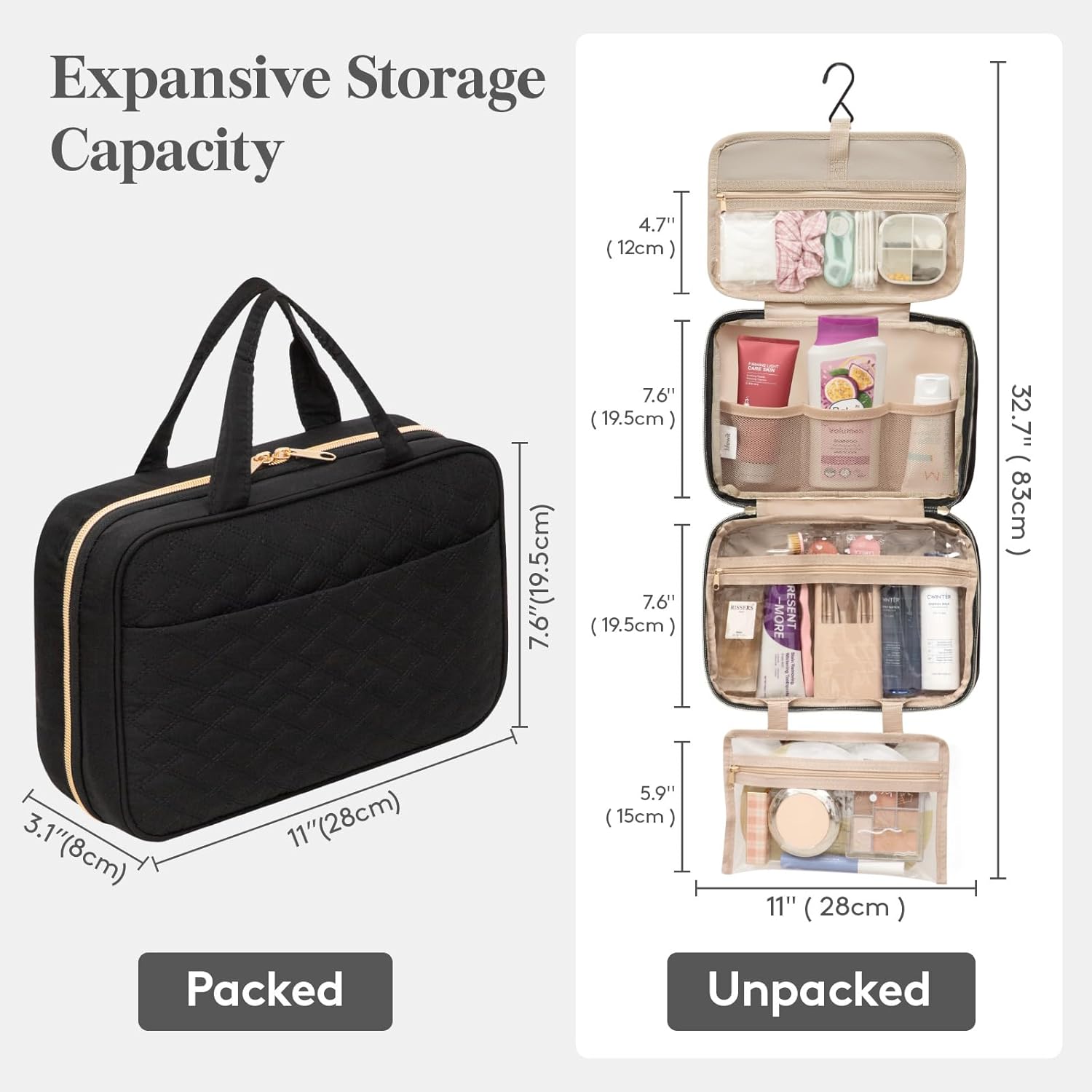 Hanging Toiletry Bag for Women & Men, 4.1L Makeup Bag for Travel Size Essentials, Cosmetic Case with Multiple Pockets and Handles, Black - Image 4