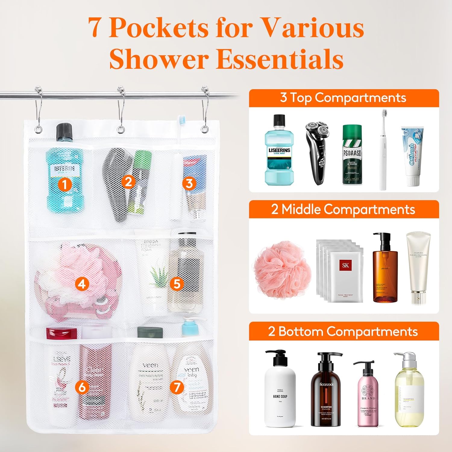 Cruise Essentials Shower Caddy Mt-Have, 7 Pockets Hanging Bathroom Organizer with Quick-Dry Mesh, Portable Shower Bag to Storage Soap, Shampoo, for RVing, Travel, Camping, White, 2 Packs - Image 3